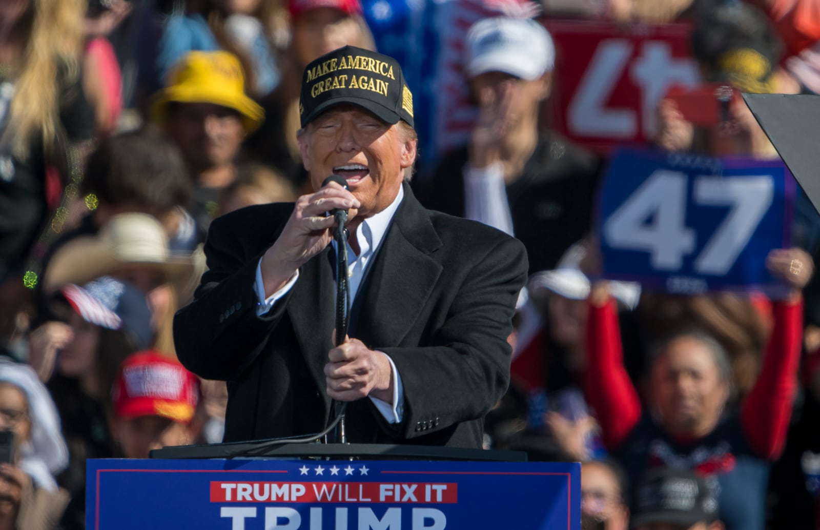 Republican presidential nominee former President Donald Trump speaks during a campaign rally at Albuquerque International Sunport, Thursday, Oct. 31, 2024, in Albuquerque, N.M. (AP Photo/Roberto E. Rosales)