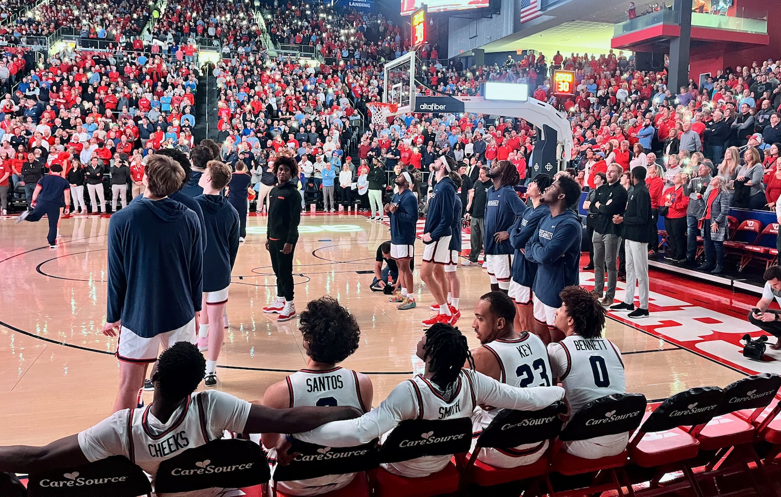 Dayton starters wait to be introduced before a game against Ball State on Wednesday, Nov. 13, 2024, at UD Arena. David Jablonski/Staff