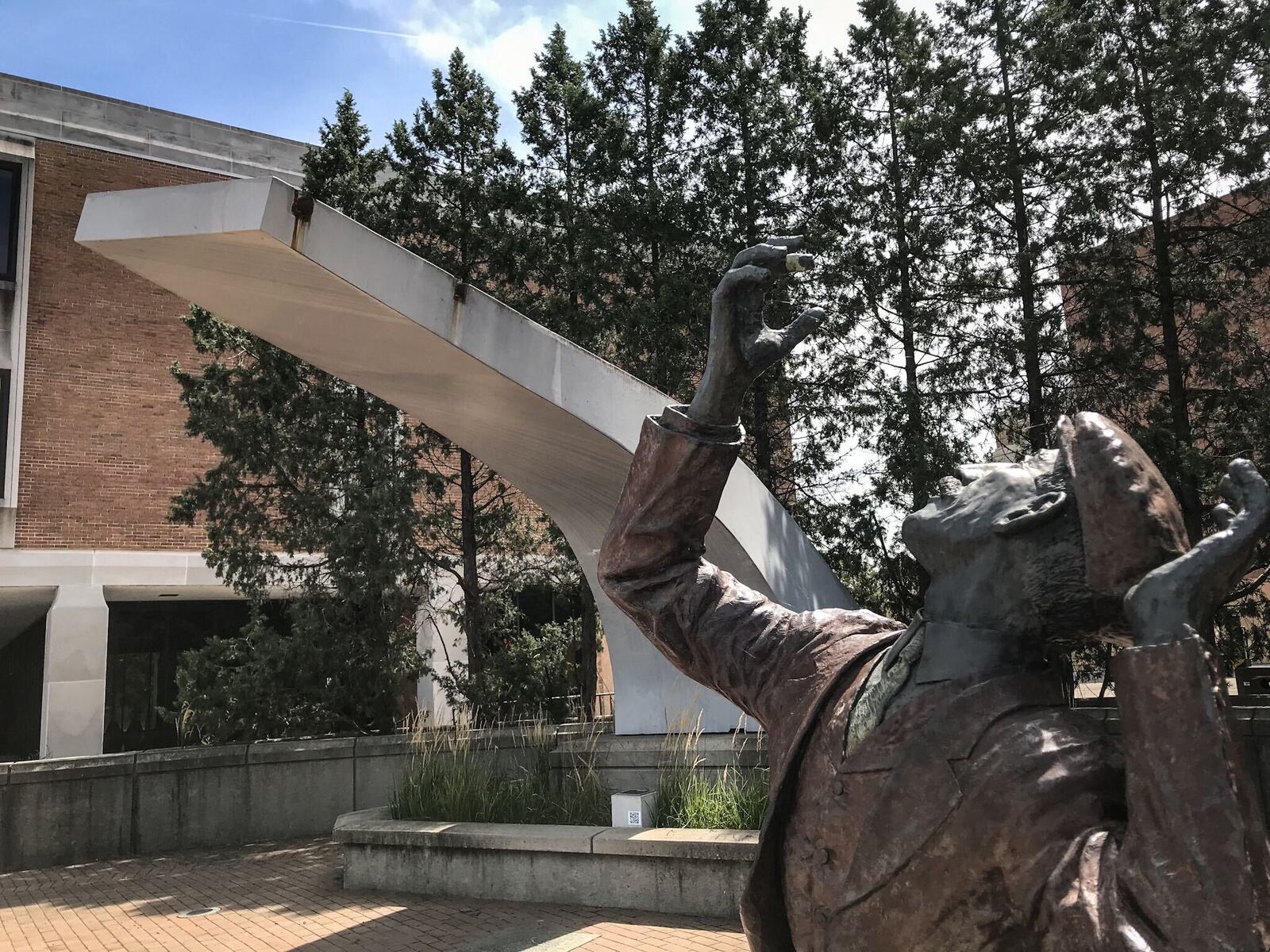 Wilbur Wight looks up for his brother, Orville Wright but the Wright Flyer lll was gone. Actually, the famous sculpture that was on Monument Ave. for 19 years is moving near the Third St. bridge in the future.