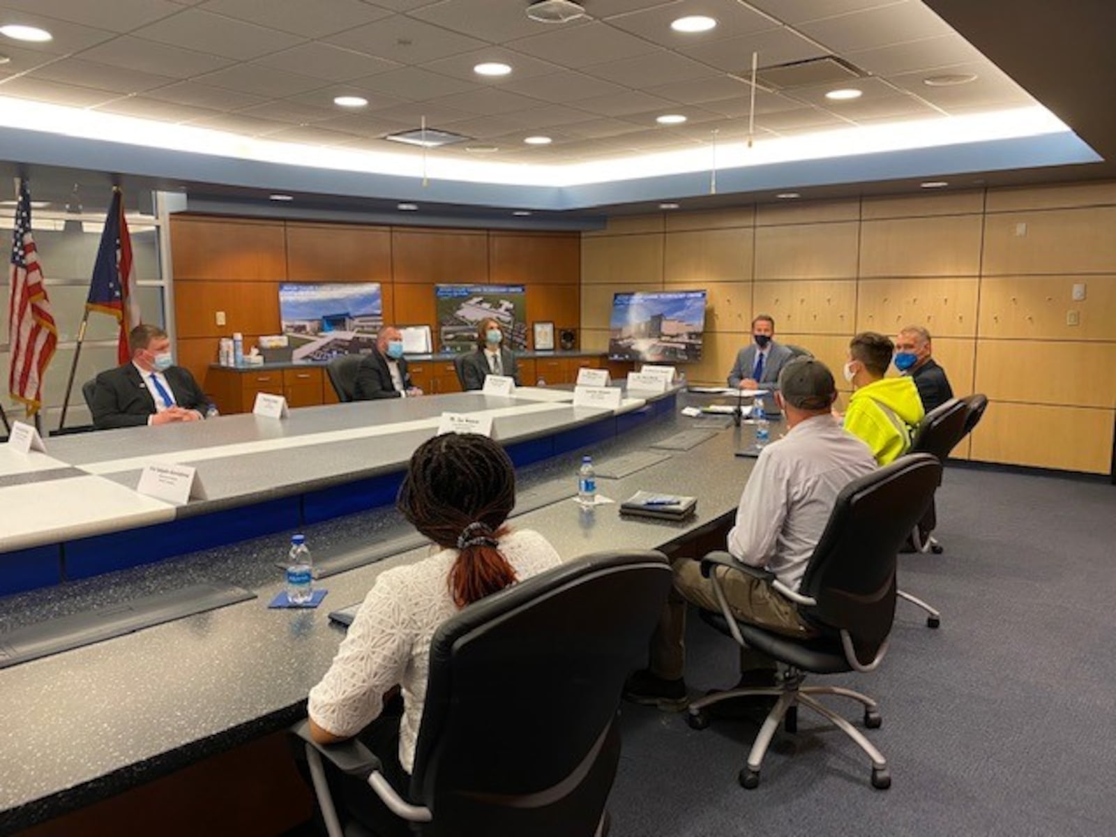 Ohio Lt. Gov. Jon Husted meets with six Miami Valley Career Technology College students and some of their employers as they discuss why vocational schools are important. INDIA DUKE/STAFF