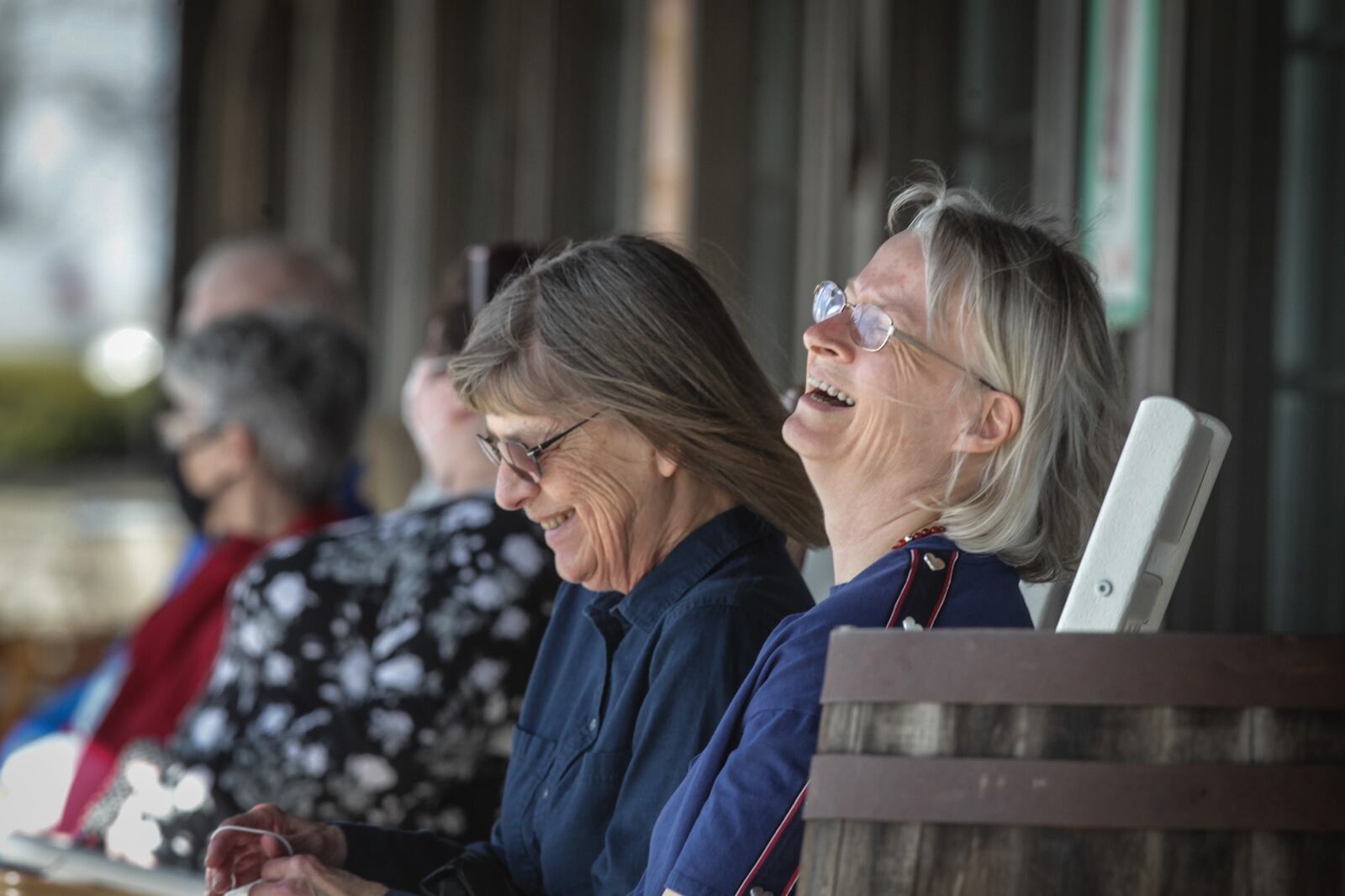 Jeanette Schultz, right and Sue Miller wait for a table at the Crackle Barrel on Wilmington Pike in Centerville Wednesday  afternoon March 24, 2021. Both women have been vaccinated and are out for dinner after a year of isolation because of COVID-19.