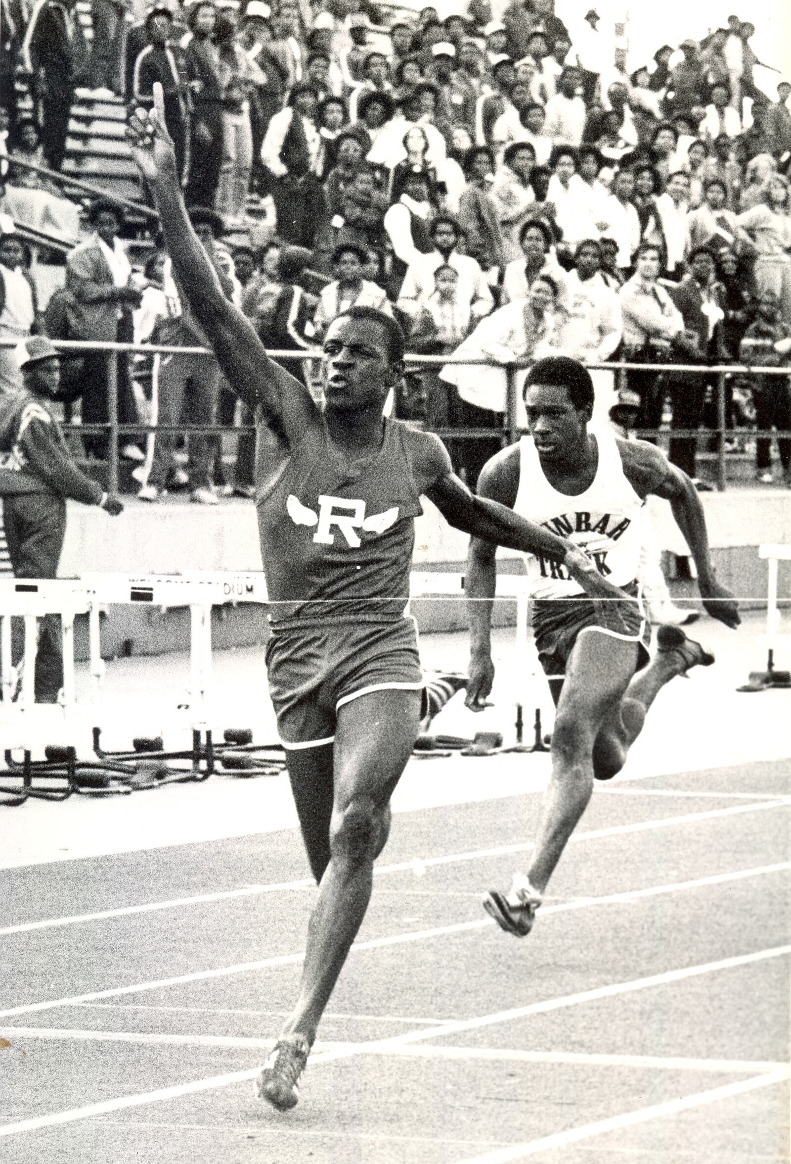 Laron Brown, a two-time 400 meters state champ and record setter, led Falcons to boys state team titles in 1981-82.