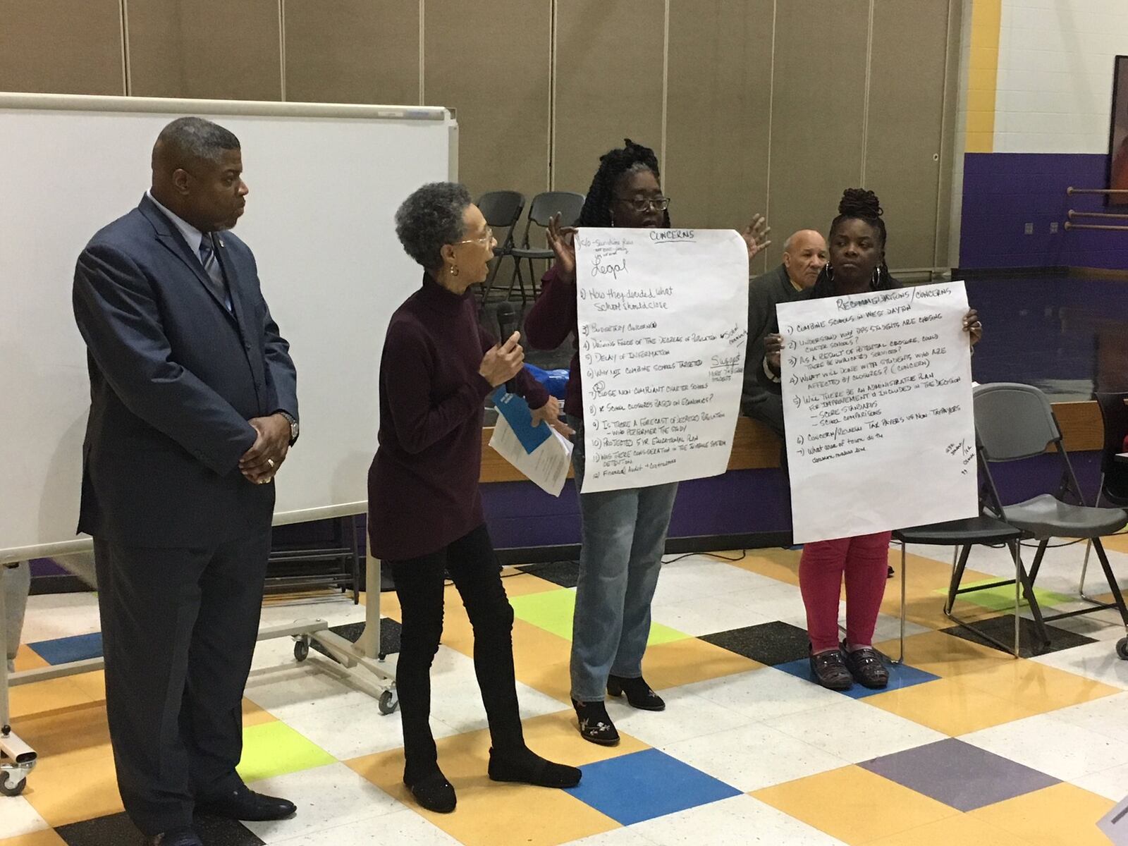 Each small group at the NAACP Town Hall meeting presented its concerns about Dayton Public Schools to the whole crowd on Monday, Jan. 22, 2018, at Dayton Boys Prep School. JEREMY P. KELLEY / STAFF