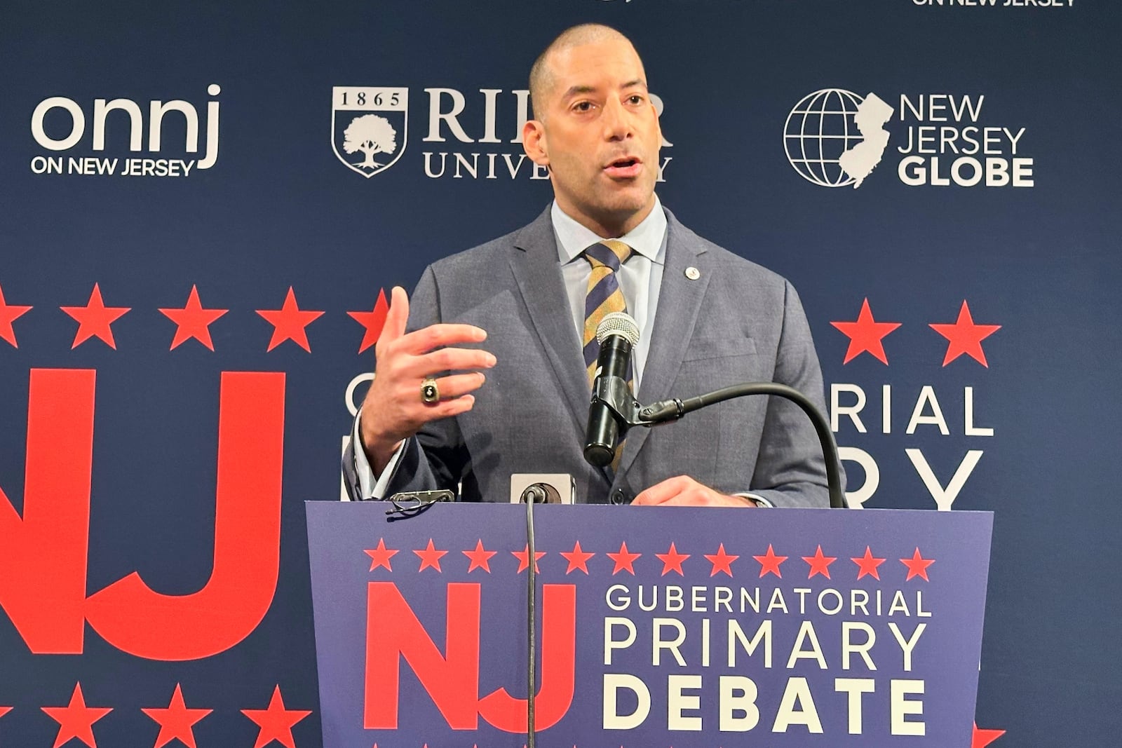 FILE - Sean Spiller, head of the teachers union New Jersey Education Association, speaks after the Democratic gubernatorial debate at Rider University on Feb. 2, 2025, in Lawrenceville, N.J. (AP Photo/Mike Catalini, File)