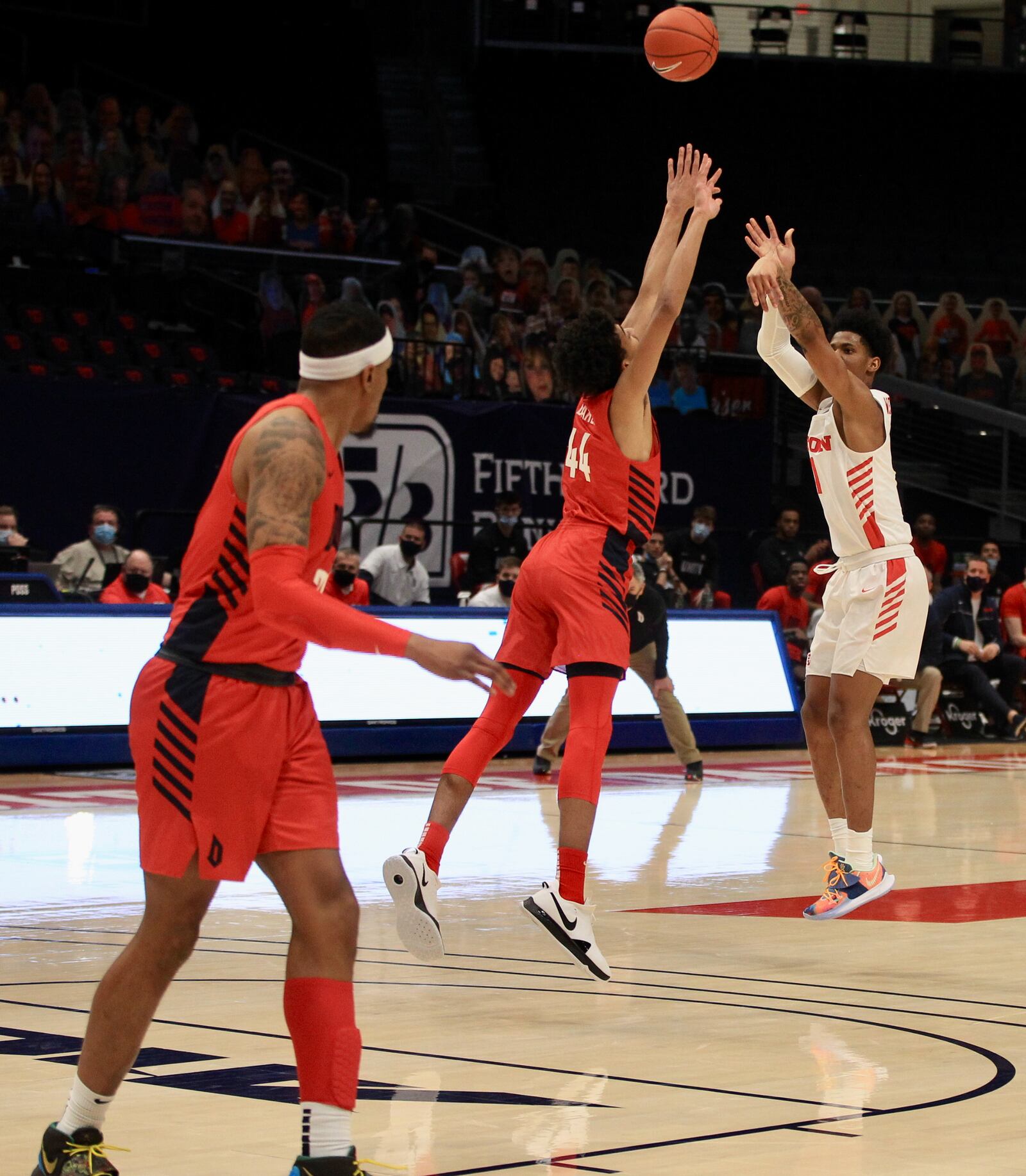 Dayton's Elijah Weaver shoots against Duquesne on Wednesday, Jan. 13, 2021, at UD Arena. David Jablonski/Staff