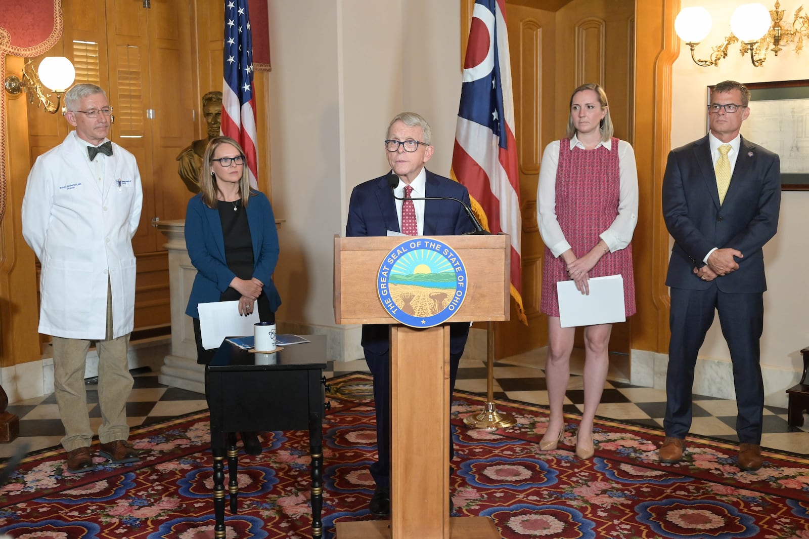 Ohio Gov. Mike DeWine, Ohio Department of Health director Dr. Bruce Vanderhoff, RecoveryOhio director Aimee Shadwick, Ohio Department of Mental Health and Addiction Services director LeeAnne Cornyn, and Ohio Department of Public Safety director Andy Wilson discuss how overdose deaths dropped 9% in Ohio last year, highlighting different programs from the state that contributed toward education, harm reduction, treatment and law enforcement around substance use during a press conference held Oct. 30, 2024 at the Ohio Statehouse. CONTRIBUTED