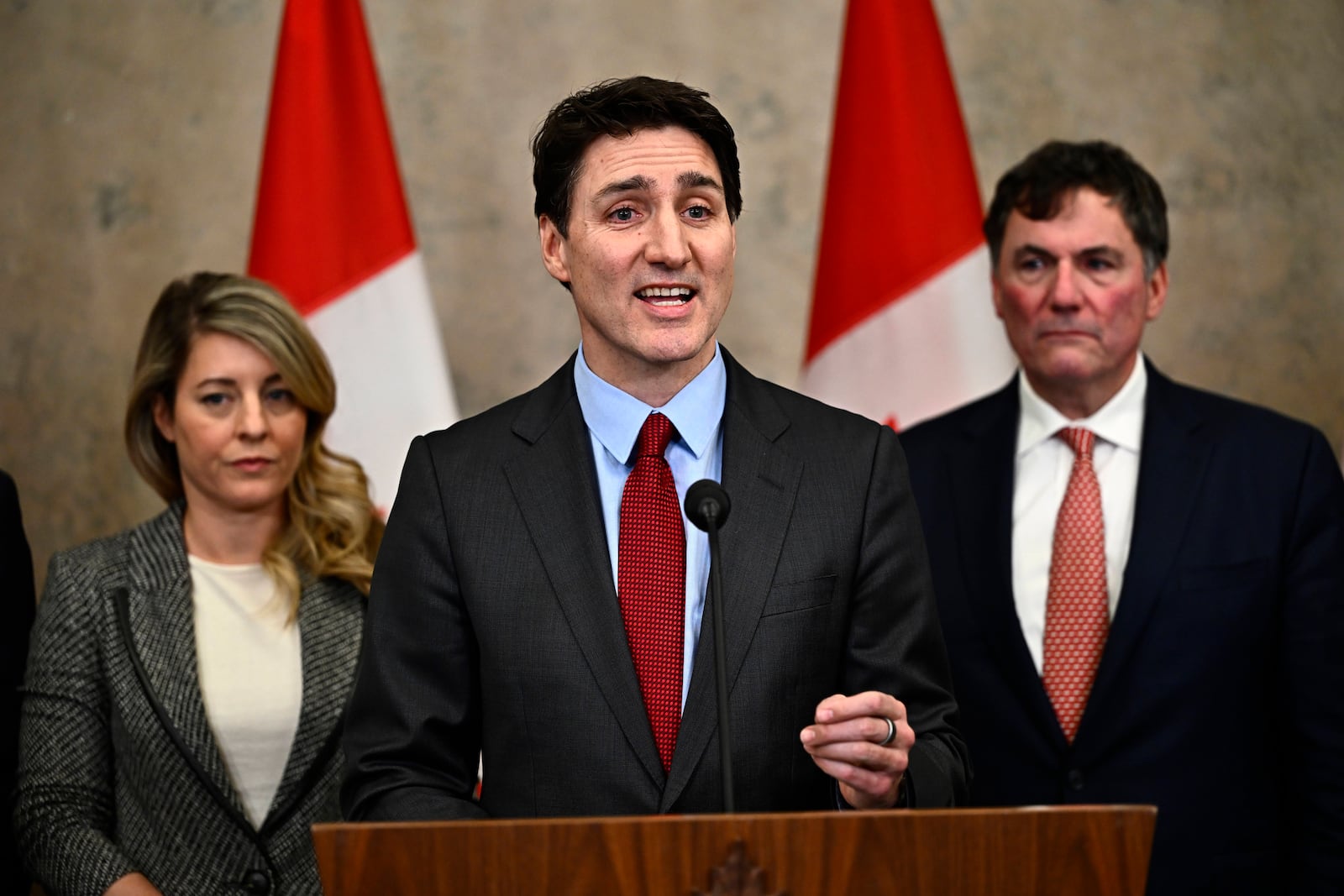 Canadian Prime Minister Justin Trudeau addresses media members after U.S. President Donald Trump signed an order to impose stiff tariffs on imports from Mexico, Canada and China, in Ottawa, Canada, Saturday, Feb. 1, 2025. (Justin Tang/The Canadian Press via AP)