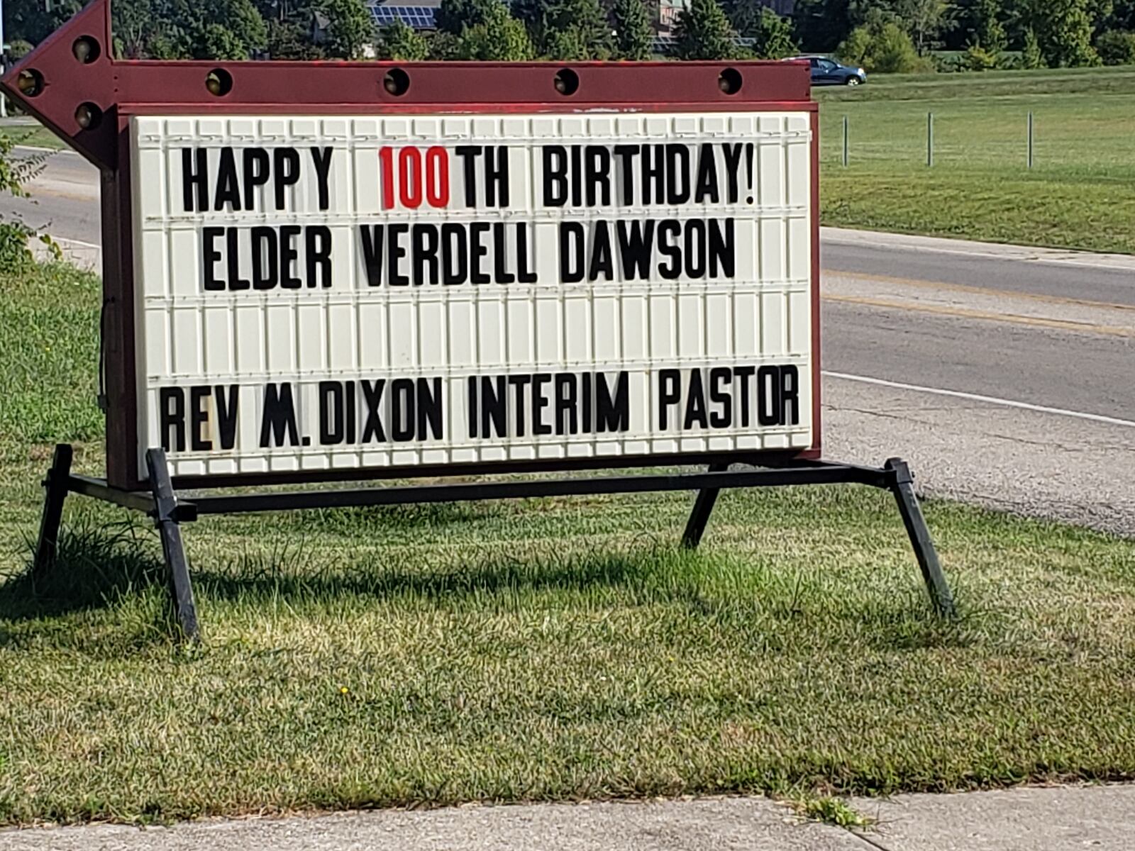 A sign outside Summit Christian Church wishes Verdell Dawson a happy 100th birthday. JESSICA GRAUE/CONTRIBUTED