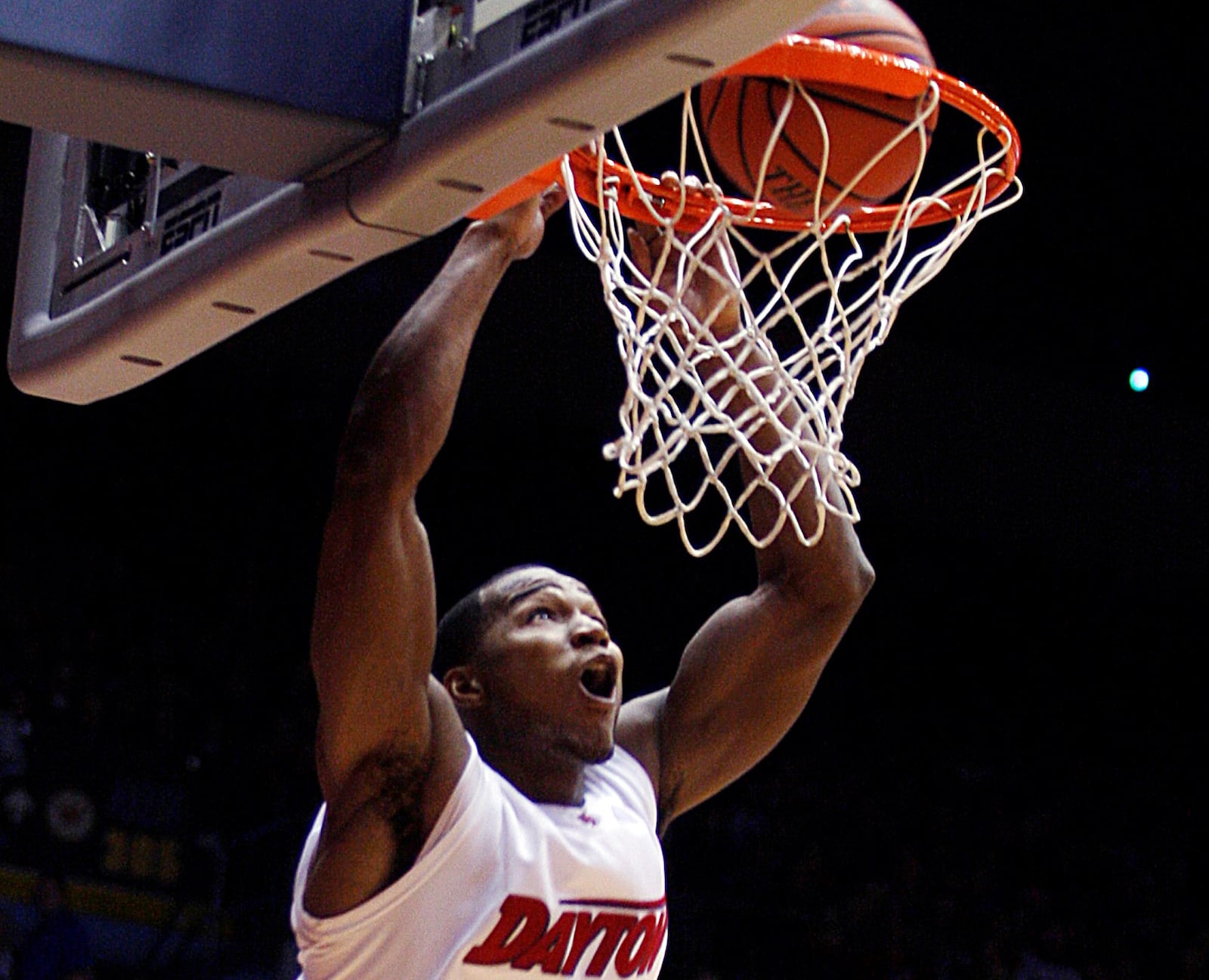 The University of Dayton’s Chris Wright slams one home against New Mexico at UD Arena on Jan. 1, 2011. Wright had 17 points and 14 rebounds in the game. Dayton Daily News file