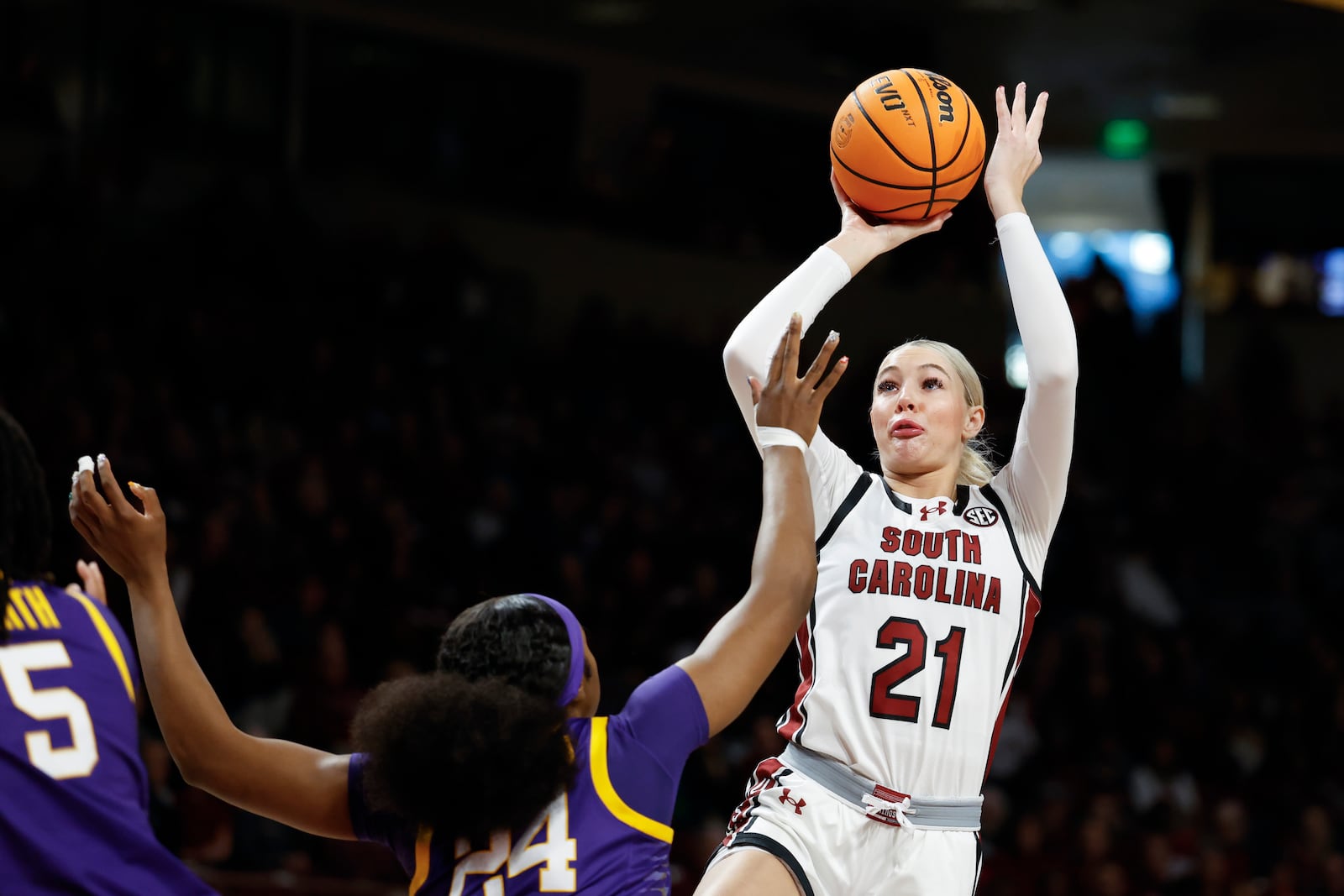 South Carolina forward Chloe Kitts (21) shoots over LSU guard Aneesah Morrow during the first half of an NCAA college basketball game in Columbia, S.C., Friday, Jan. 24, 2025. (AP Photo/Nell Redmond)