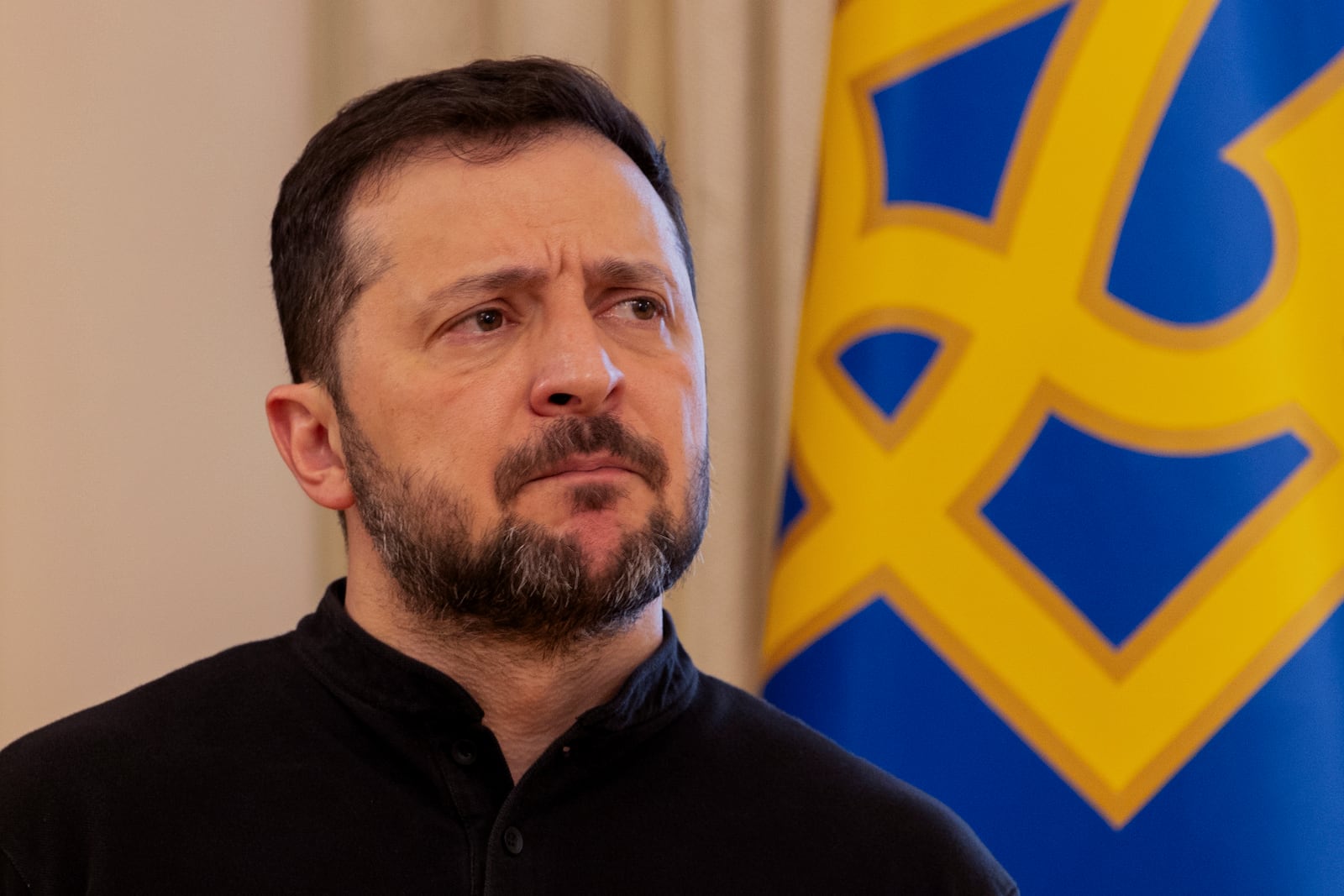 Ukraine's President Volodymyr Zelenskyy gives a press conference in Kyiv, Ukraine, Wednesday, Feb. 19, 2025. (Tetiana Dzhafarova, Pool Photo via AP)