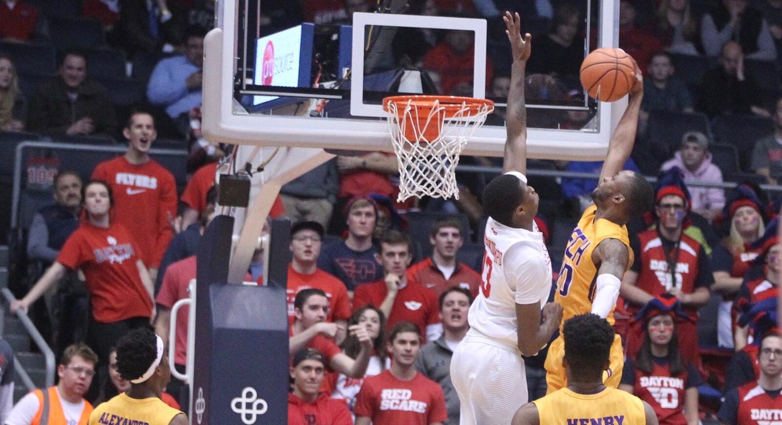 Dayton’s Kostas Antetokounmpo blocks a shot against Tennessee Tech’s Kajon Mack on Wednesday, Dec. 6, 2017, at UD Arena. David Jablonski/Staff