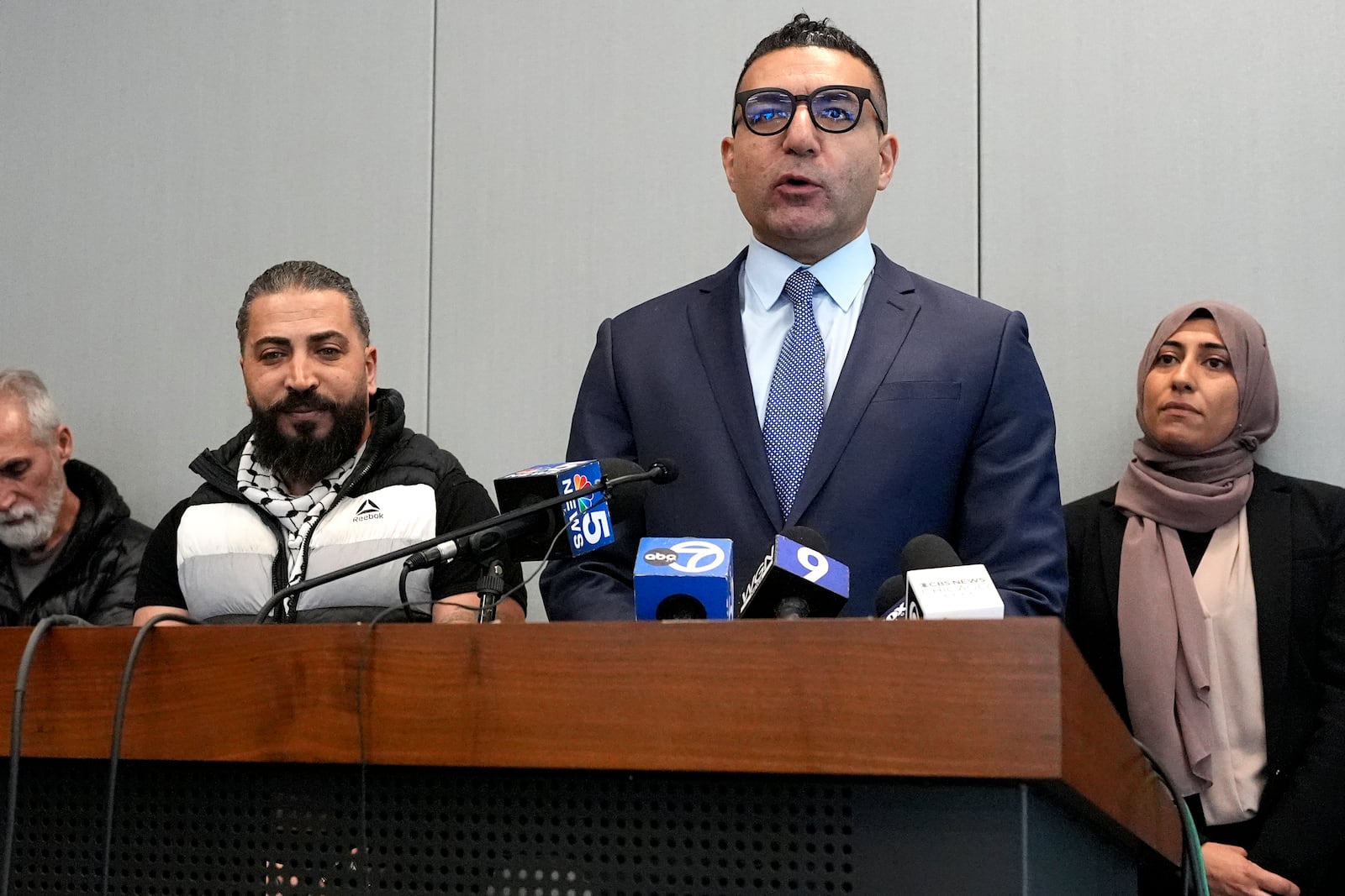 Hafsa Haider, second from right, Communications Coordinator of Council on American-islamic Relations, speaks outside the Will County Courthouse where a jury found defendant Joseph Czuba found guilty of murder and hate crime charges, Friday, Feb. 28, 2025, in Joliet, Ill. (AP Photo/Nam Y. Huh)