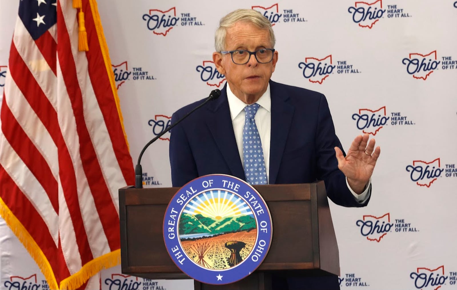 Gov. Mike DeWine, speaking Monday Aug. 19, 2024 at the University of Dayton, naming Dayton as Ohio's second "Innovation Hub." MARSHALL GORBY/STAFF