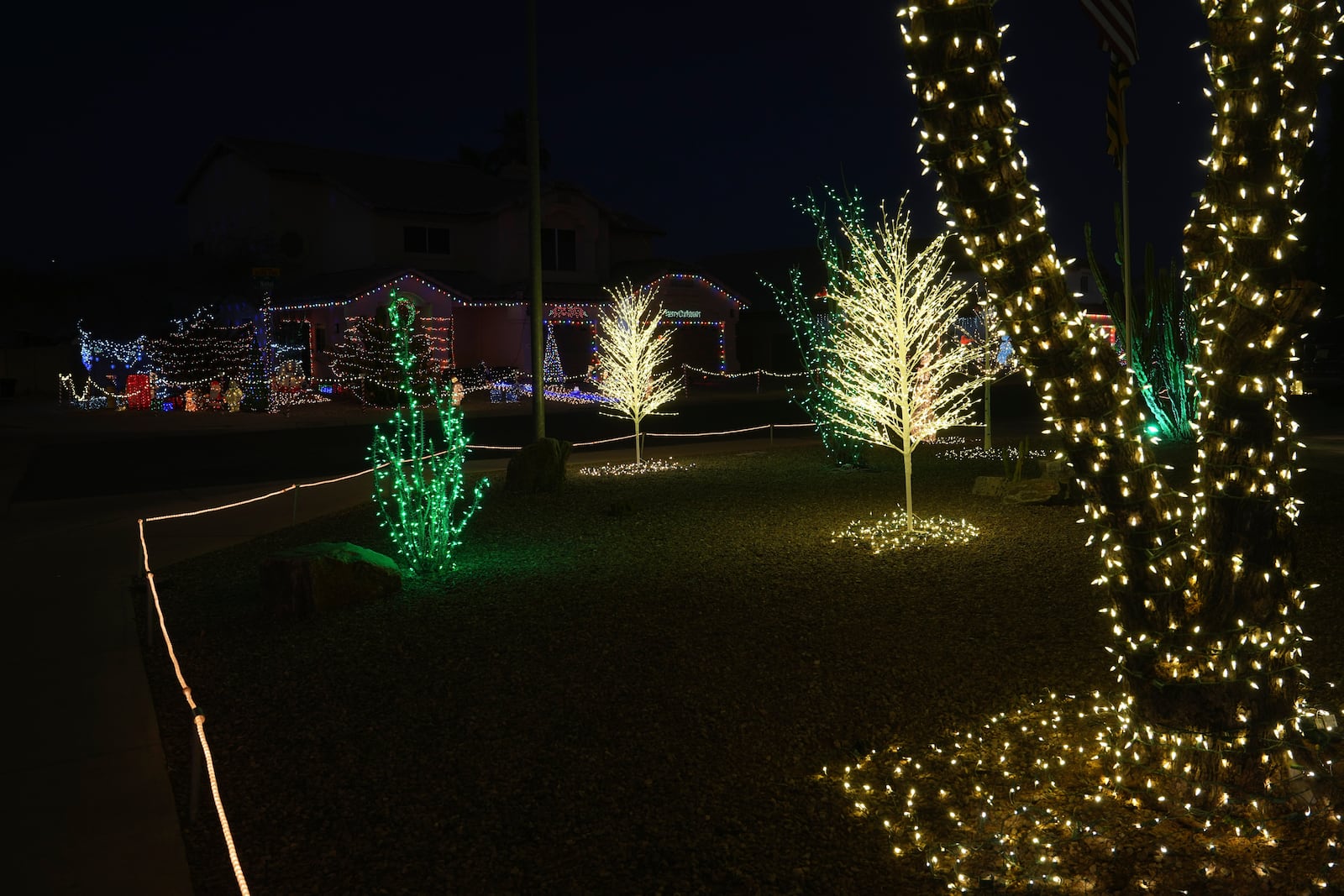 Trees are decorated with holiday lights in a neighborhood in Mesa, Ariz., Thursday, Dec. 12, 2024, in Mesa, Ariz. (AP Photo/Ross Franklin)