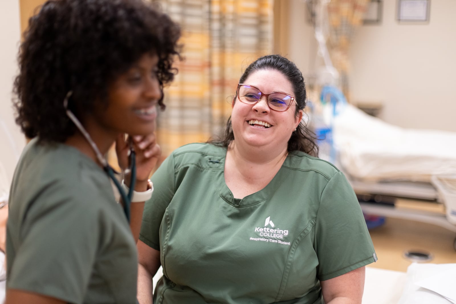 Heather Allyn works with classmates in Kettering College’s Respiratory Care lab to take vital signs and rotate on various equipment they’ll use in their careers as respiratory therapists. CONTRIBUTED

