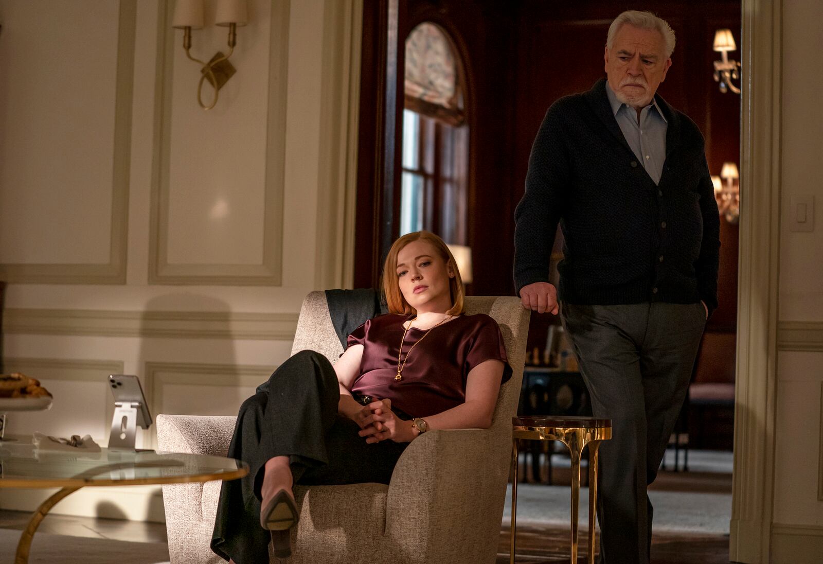 This image released by HBO shows Sara Snook, left, and Brian Cox in a scene from "Succession." (Macall Polay/HBO via AP)