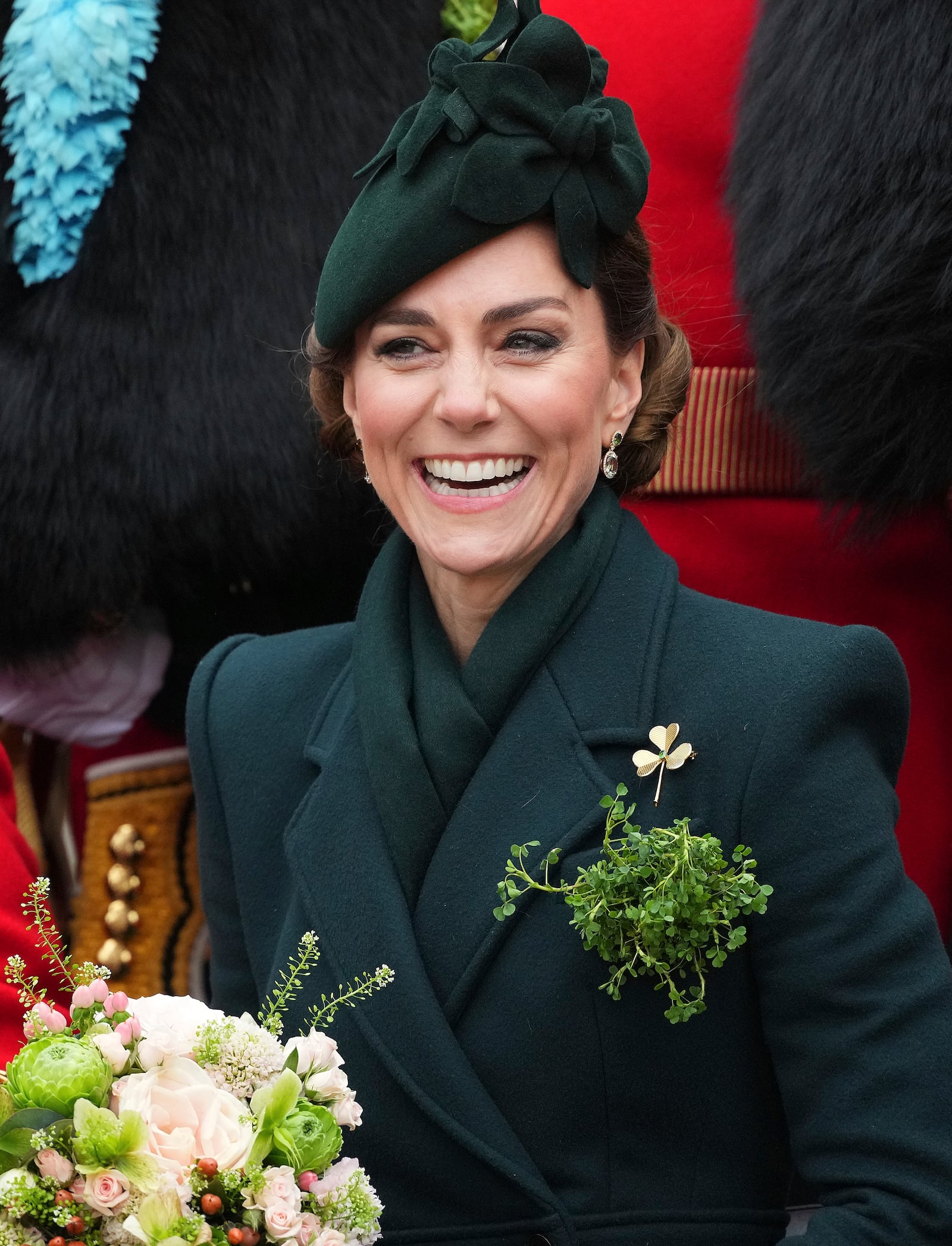 Britain's Kate, the Princess of Wales, smiles as she joins the Irish Guards, their veterans, families, serving soldiers, reservists, and young cadets from Northern Ireland, at a special St Patrick's Day parade and celebration at Wellington Barracks in London, Monday, March 17, 2025.(AP Photo/Kirsty Wigglesworth)