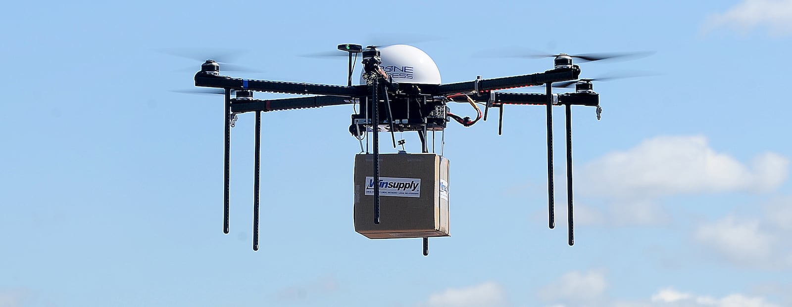 Winsupply, with the help of Dayton-based Drone Express, made its first drone delivery of a product on Friday, Aug. 12, 2022, from the Winsupply Distribution Center at 9300 Byers Road in Miami Twp. to Centerville Winsupply at 875 Congress Park Drive in Washington Twp. MARSHALL GORBY\STAFF