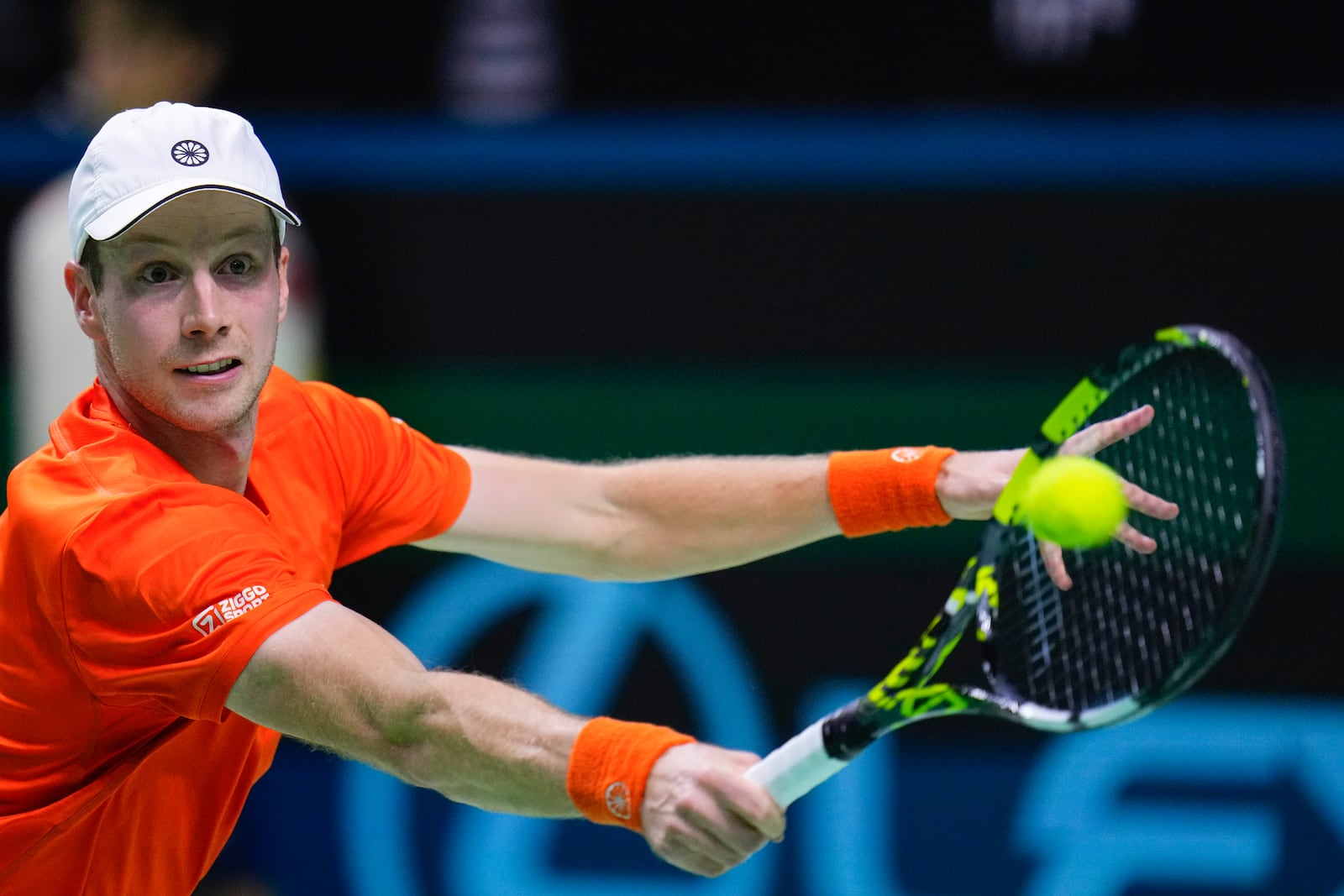 Netherlands' tennis player Botic Van De Zandschulp competes against Spain's Rafael Nadal during a Davis Cup quarterfinal match at Martin Carpena Sports Hall in Malaga, southern Spain, on Tuesday, Nov. 19, 2024. (AP Photo/Manu Fernandez)