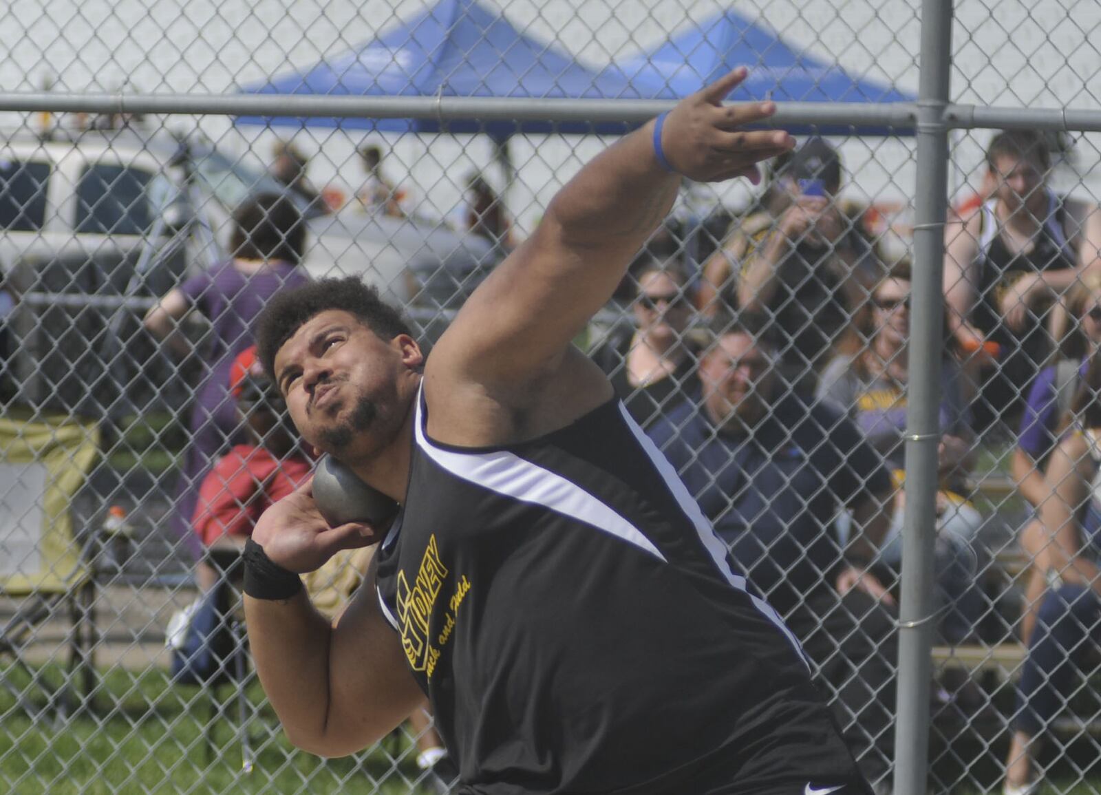 Sidney senior Devan Rogers won the shot put during the GWOC divisional track and field meet at Troy’s Memorial Stadium on Wed., May 9, 2018. MARC PENDLETON / STAFF