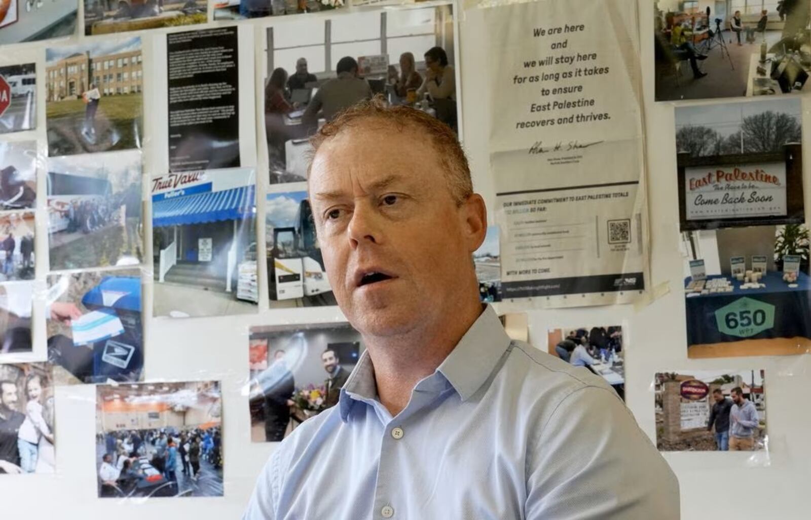 John Fletcher, Norfolk Southern senior regional manager of the family assistance center, discusses plans for the community following the company’s Feb. 3 freight train derailment, Friday, July 14, 2023, in East Palestine. (Matt Freed for the Atlanta Journal Constitution)