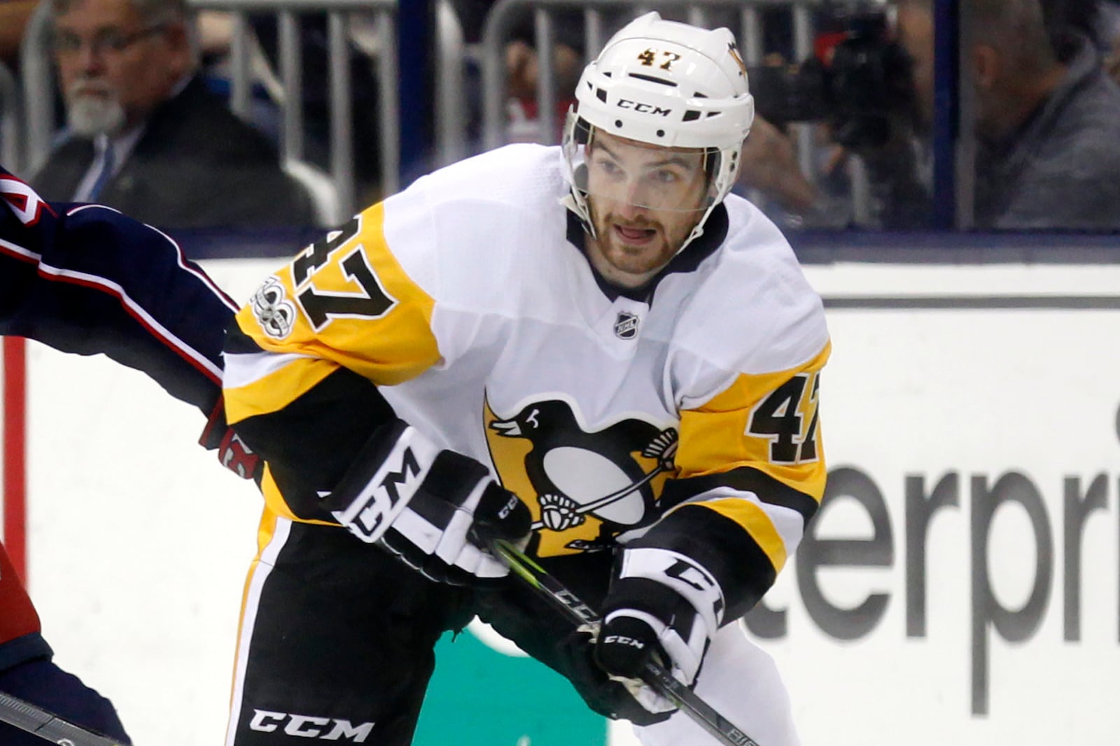 FILE - Pittsburgh Penguins forward Adam Johnson in action during an NHL hockey game in Columbus, Ohio, Sept. 22, 2017. (AP Photo/Paul Vernon, File)