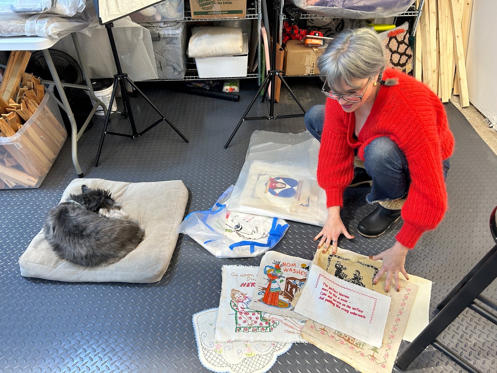 Artist Mychaelyn Michalec in her South Park studio. “The women in my family showed me how to embroider. The rug tufting is something that I taught myself. I was looking for a craft process that had the same feeling as painting.”