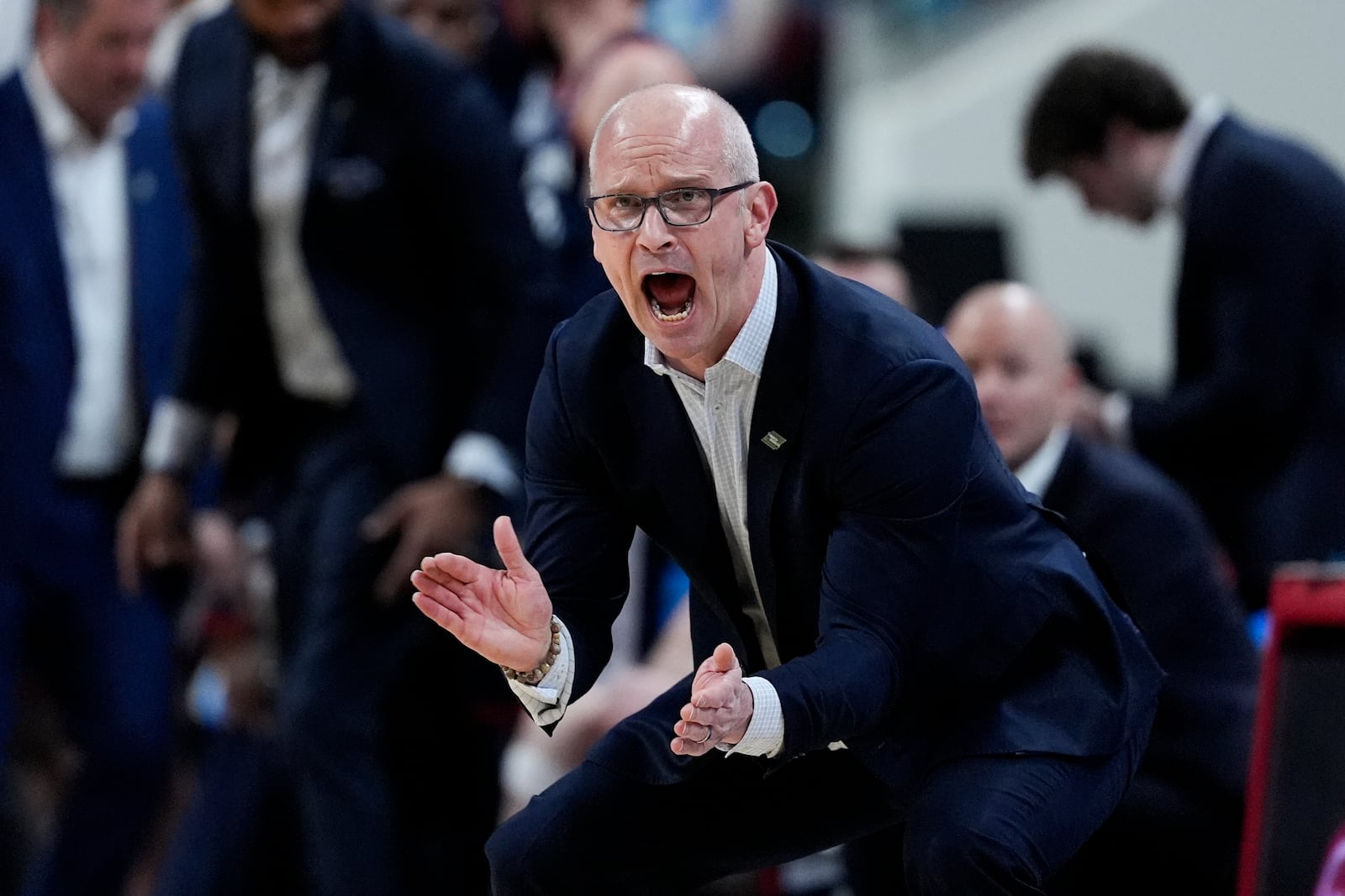 UConn head coach Dan Hurley yells during the first half against the Florida in the second round of the NCAA college basketball tournament, Sunday, March 23, 2025, in Raleigh, N.C. (AP Photo/Chris Carlson)