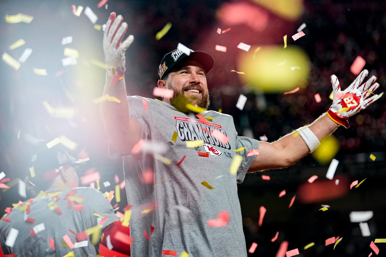 Kansas City Chiefs tight end Travis Kelce (87) celebrates after the AFC Championship NFL football game against the Buffalo Bills, Sunday, Jan. 26, 2025, in Kansas City, Mo. (AP Photo/Ashley Landis)