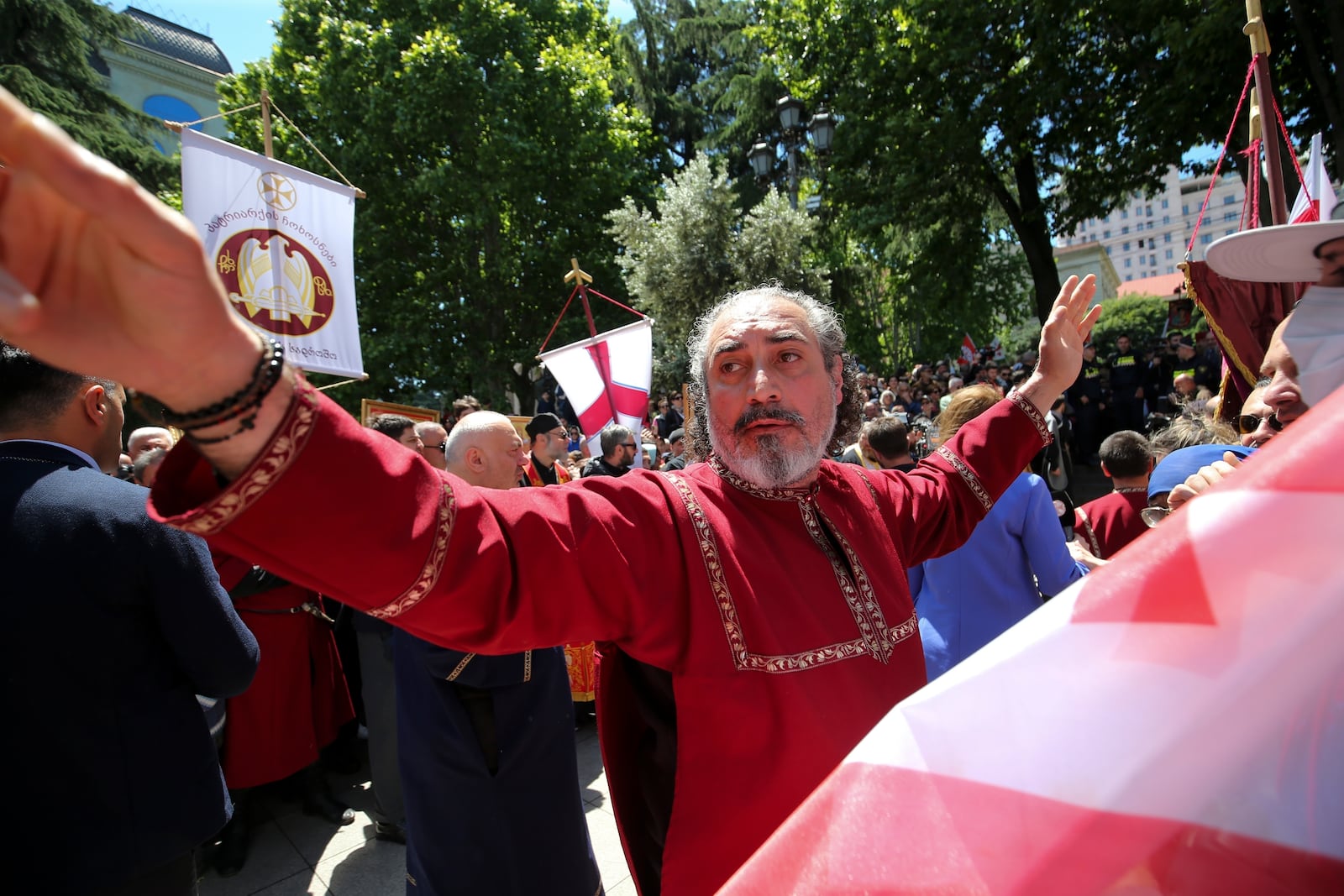 FILE - A Georgian Orthodox Church clergyman attends a celebration of the Day of Family Purity in the conservative country where animosity toward LGBTQ+ people is strong, in Tbilisi, Georgia, on May 17, 2024. (AP Photo/Zurab Tsertsvadze, File)