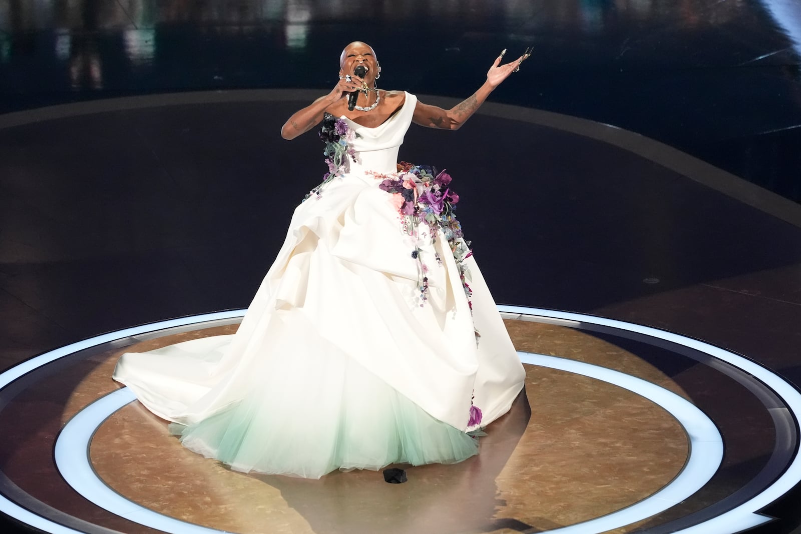 Cynthia Erivo performs "Defying Gravity" during the Oscars on Sunday, March 2, 2025, at the Dolby Theatre in Los Angeles. (AP Photo/Chris Pizzello)