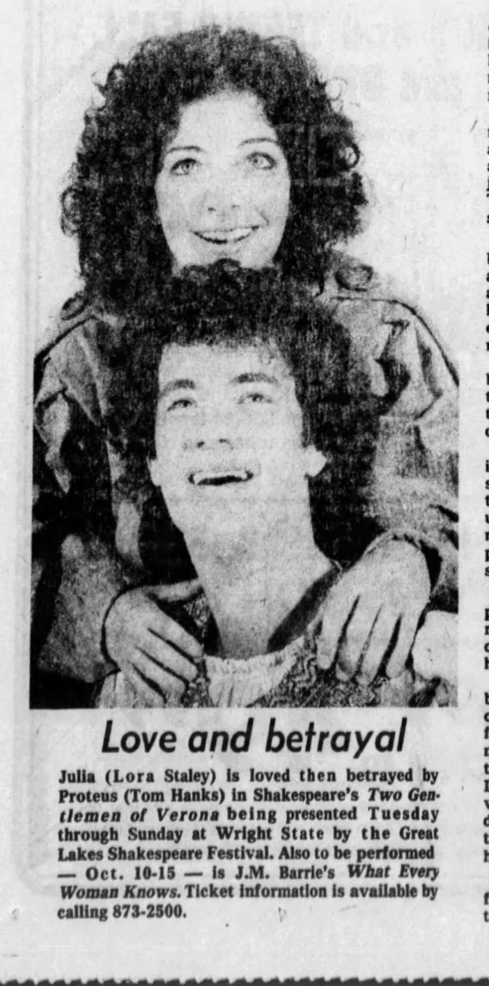 Tom Hanks appearing in an October 1978 Dayton Daily News article discussing the actor's role in a Wright State production of "Two Gentlemen of Verona."