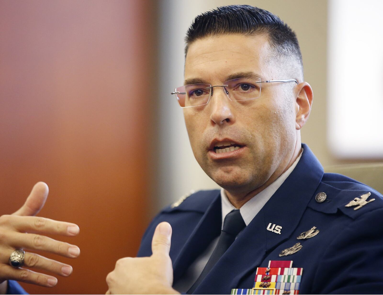 Col. Thomas P. Sherman, Commander, 88th Air Base Wing, Wright-Patterson Air Force Base during a meeting with Cox Media Group Ohio in September, 2018. TY GREENLEES / STAFF