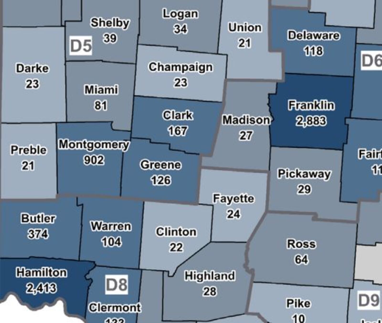 The number of pedestrian-involved crashes by county in southwest Ohio between 2016 and October 2021. CONTRIBUTED