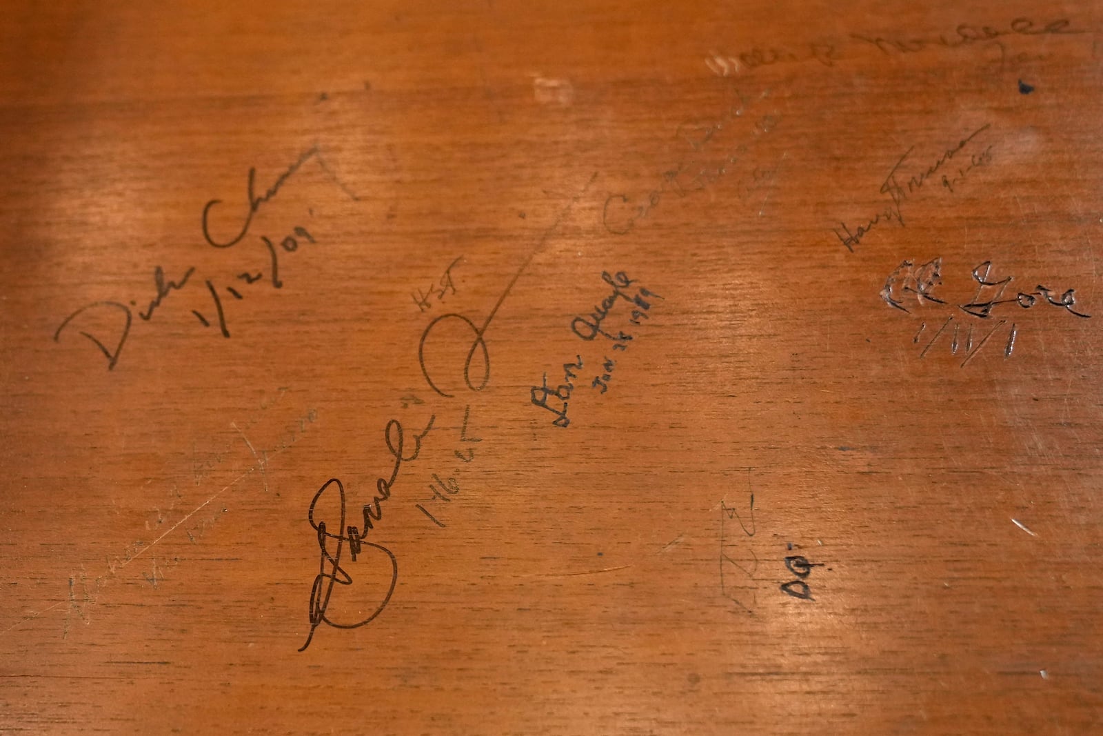 The signature of Vice President Kamala Harris is viewed among other Vice Presidential signatures in the desk drawer of Harris' ceremonial office in the Eisenhower Executive Office Building on the White House complex in Washington, Thursday, Jan. 16, 2025. (AP Photo/Susan Walsh)