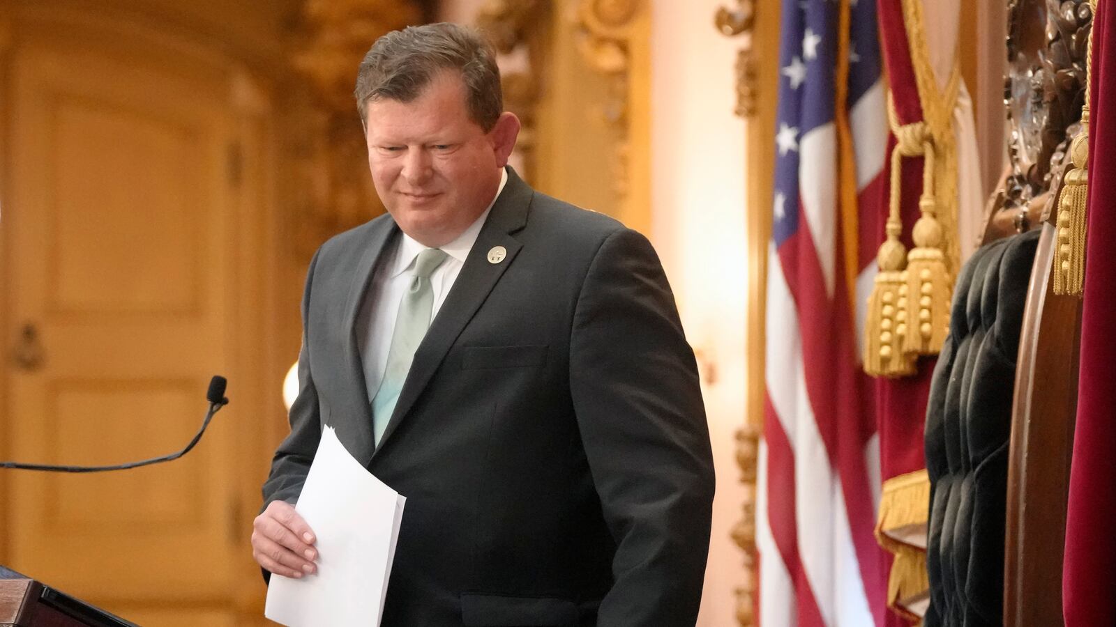 Ohio House Speaker Jason Stephens leaves the podium before the 2024 State of the State address at the Ohio Statehouse on Wednesday, April 10, 2024 in Columbus, Ohio. (Barbara J. Perenic /The Columbus Dispatch via AP)