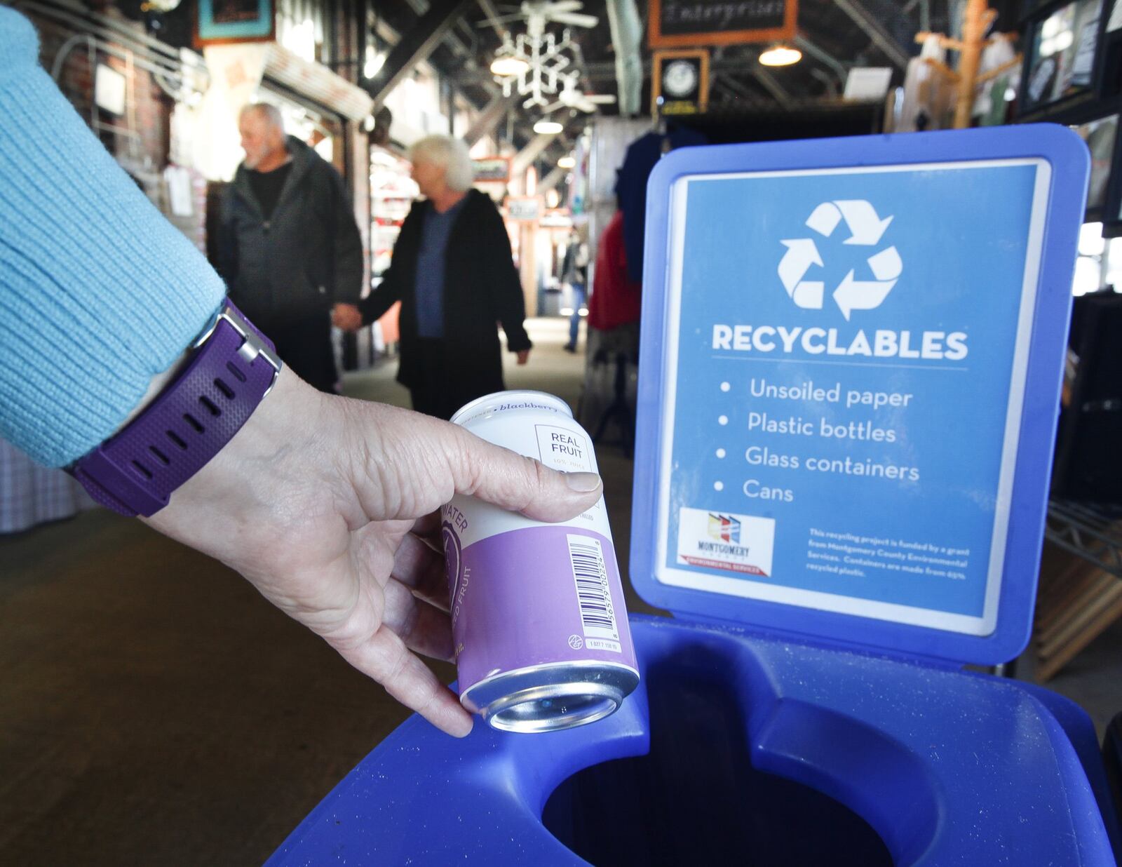 Recycling bins at the 2nd Street Public Market in Dayton were obtained in part with a recycling incentive grant from the Montgomery County Solid Waste District. CHRIS STEWART / STAFF