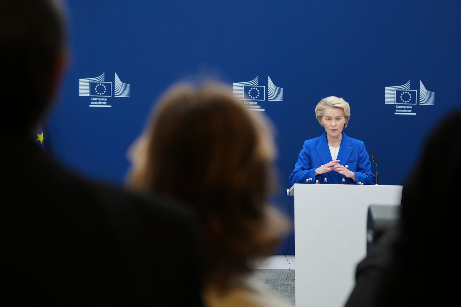 European Commission President Ursula von der Leyen speaks during a media conference on the defense package at EU headquarters in Brussels, Tuesday, March 4, 2025. (AP Photo/Virginia Mayo)