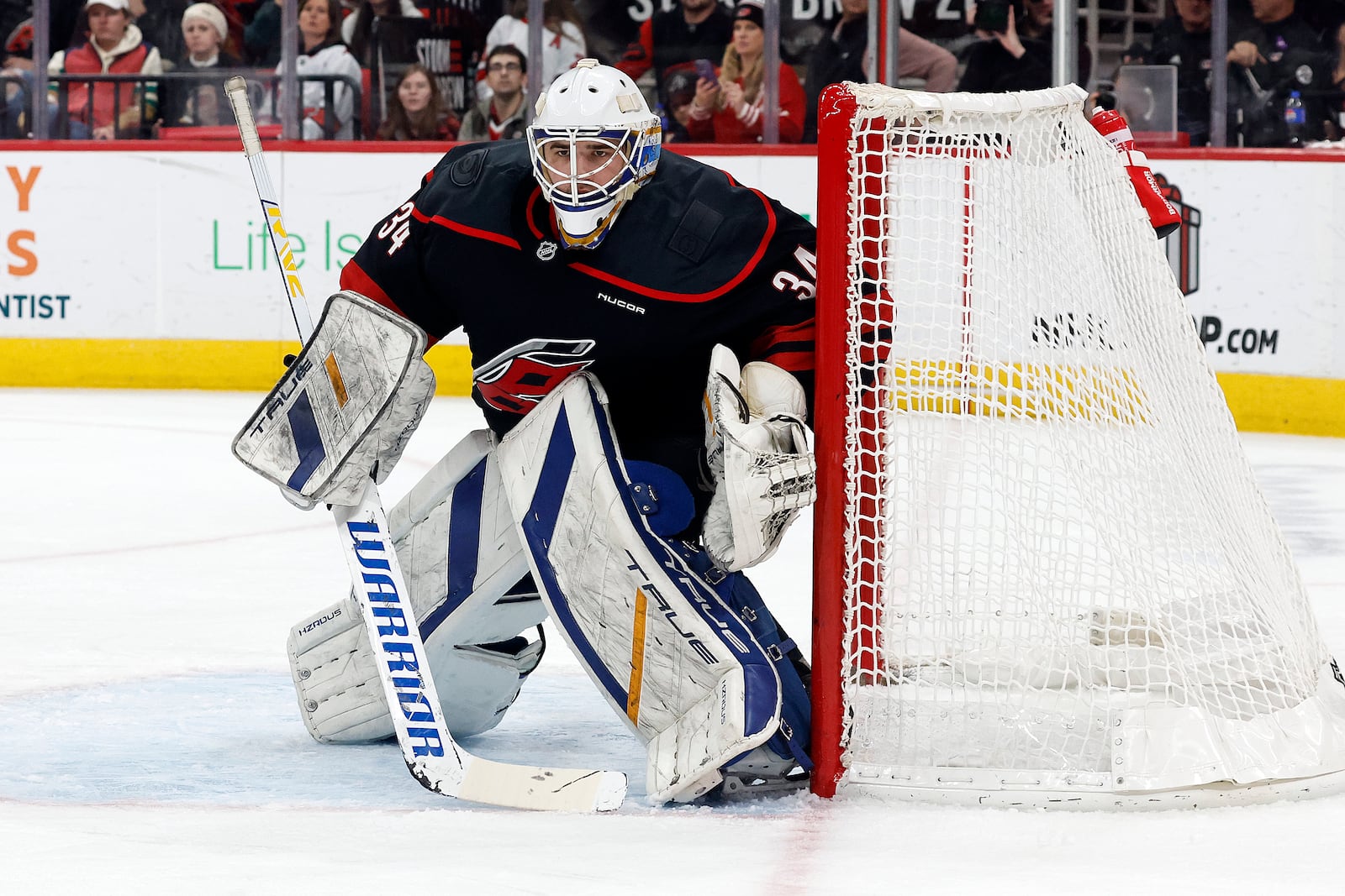 Carolina Hurricanes goaltender Dustin Tokarski (34) watches the puck against the Columbus Blue Jackets during the first period of an NHL hockey game in Raleigh, N.C., Sunday, Dec. 15, 2024. (AP Photo/Karl B DeBlaker)