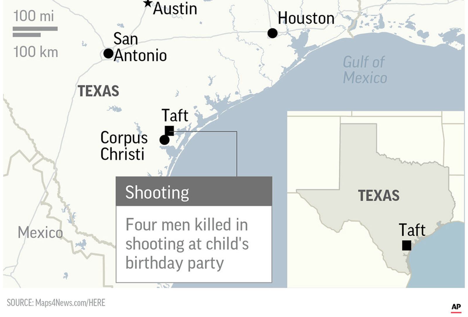 Police were called Saturday, Oct. 13, 2018, after a shooting at a home just outside the city limits of Taft, Texas, left four men dead and a fifth wounded. The shooting took place when an argument during a toddler's 1st birthday party escalated to gunfire; authorities said Sunday that a man and his son are suspects in the slayings.