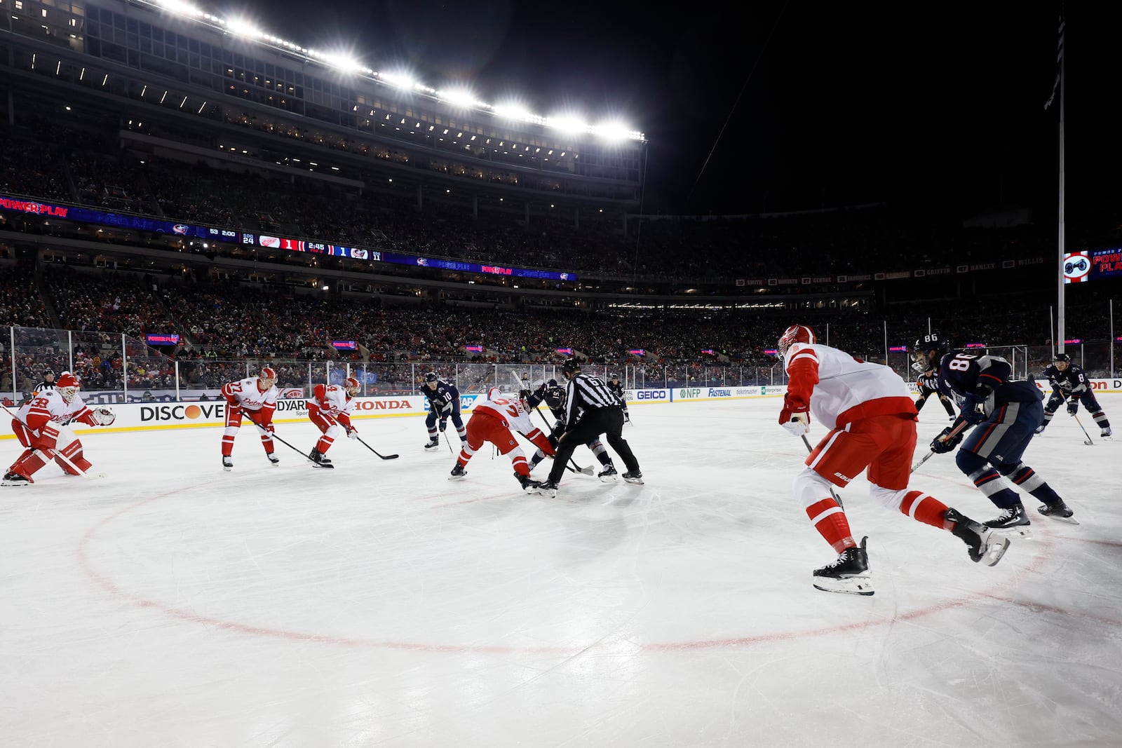 The Detroit Red Wings and the Columbus Blue Jackets play during the second period of the Stadium Series NHL hockey game at Ohio Stadium, Saturday, March 1, 2025, in Columbus, Ohio. (AP Photo/Jay LaPrete)