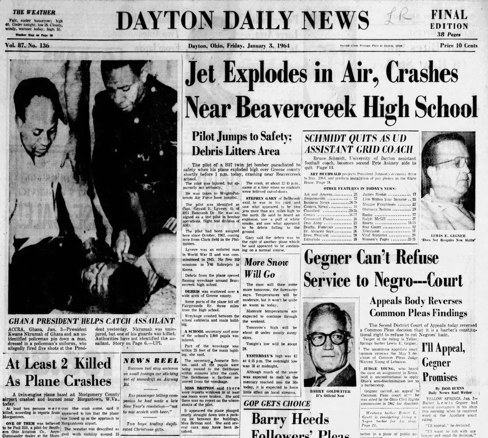 1964 - Jet explodes in air, crashes near Beavercreek High School. DAYTON DAILY NEWS ARCHIVE