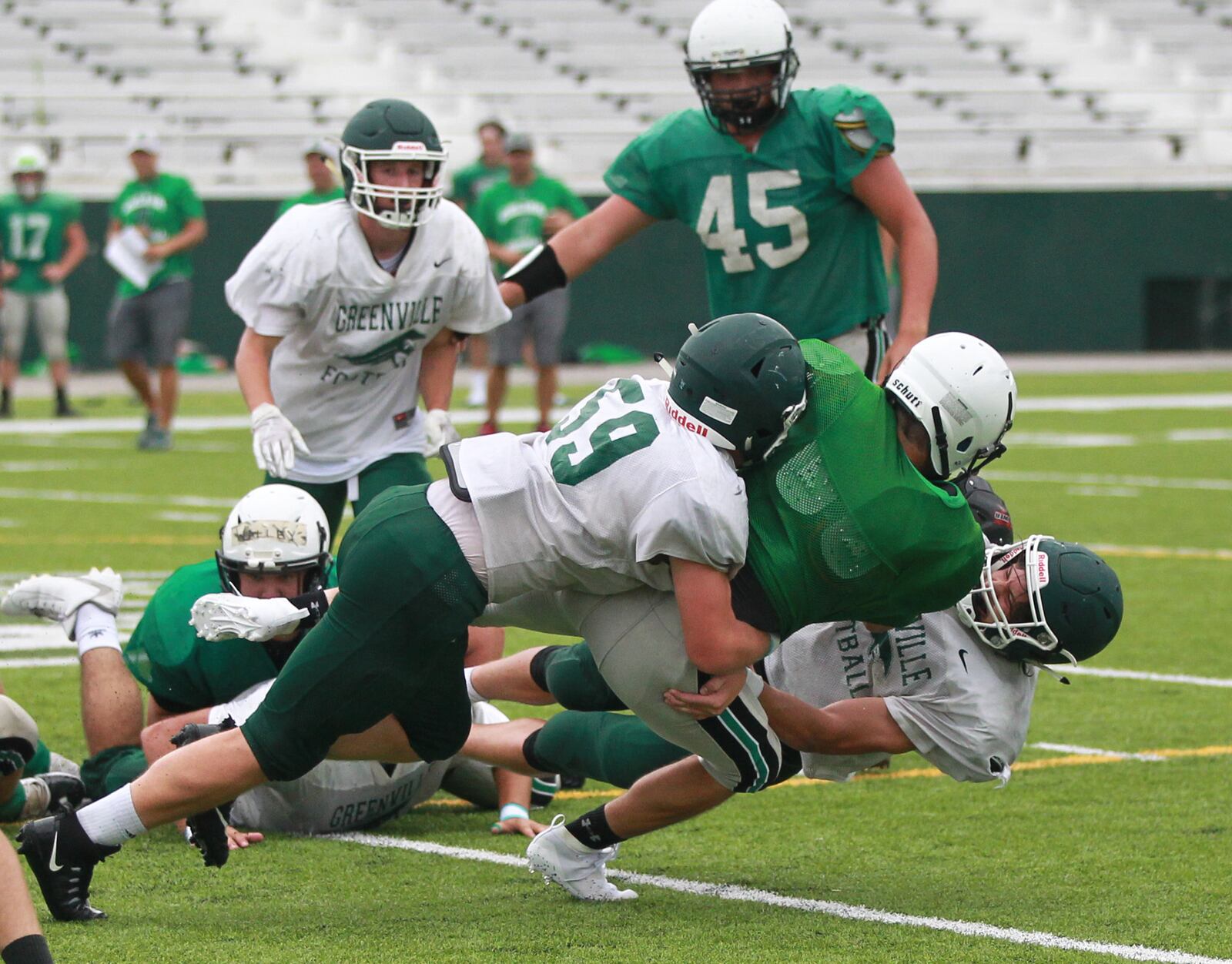 Greenville hosted Celina in a high school football preseason scrimmage on Tuesday, Aug. 13, 2019. MARC PENDLETON / STAFF