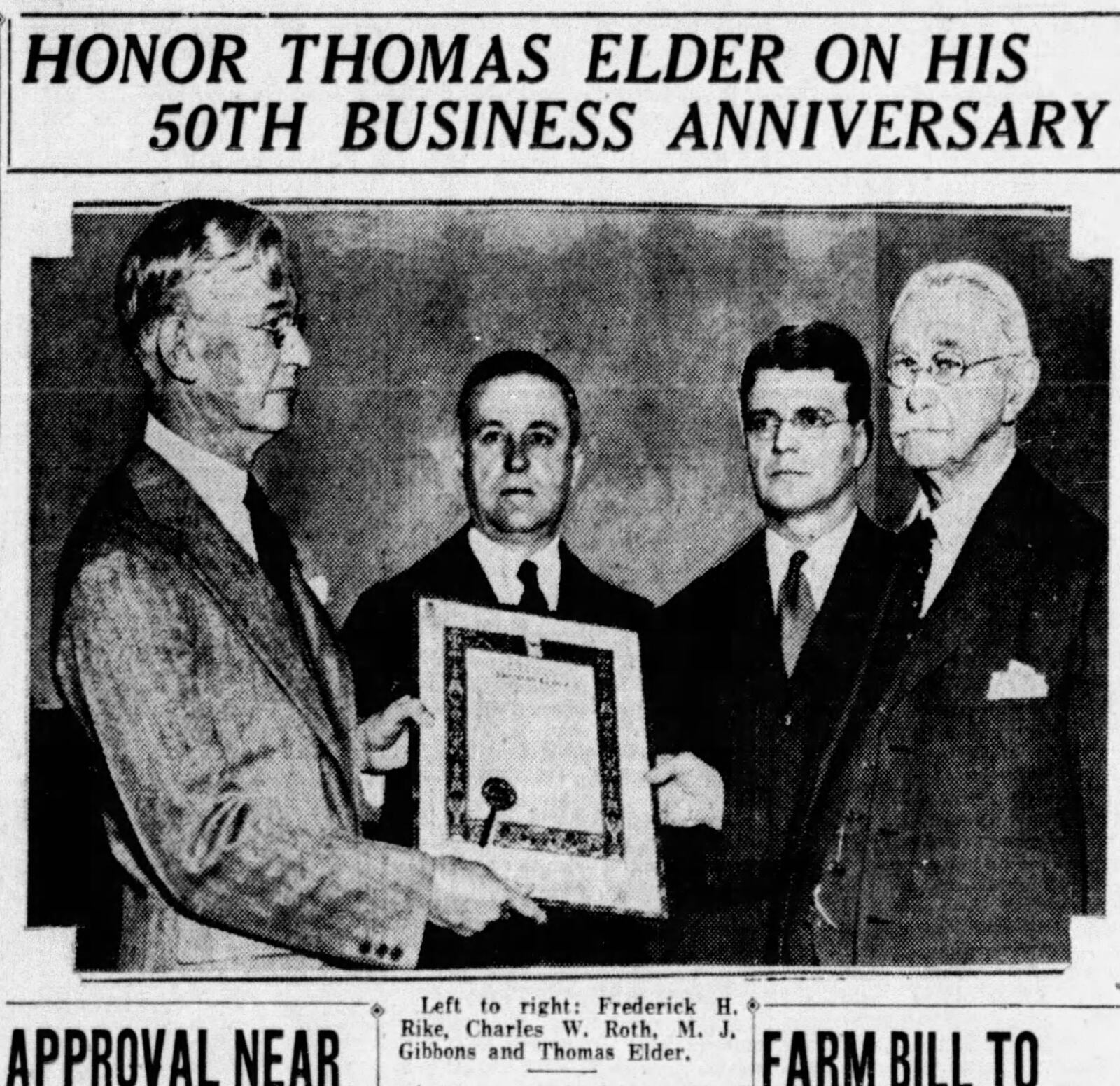 L-R Frederick H. Rike, Charles W. Roth, M.J. Gibbons and Thomas Elder. Elder was being honored on his 50th Business anniversary. DAYTON DAILY NEWS ARCHIVES.