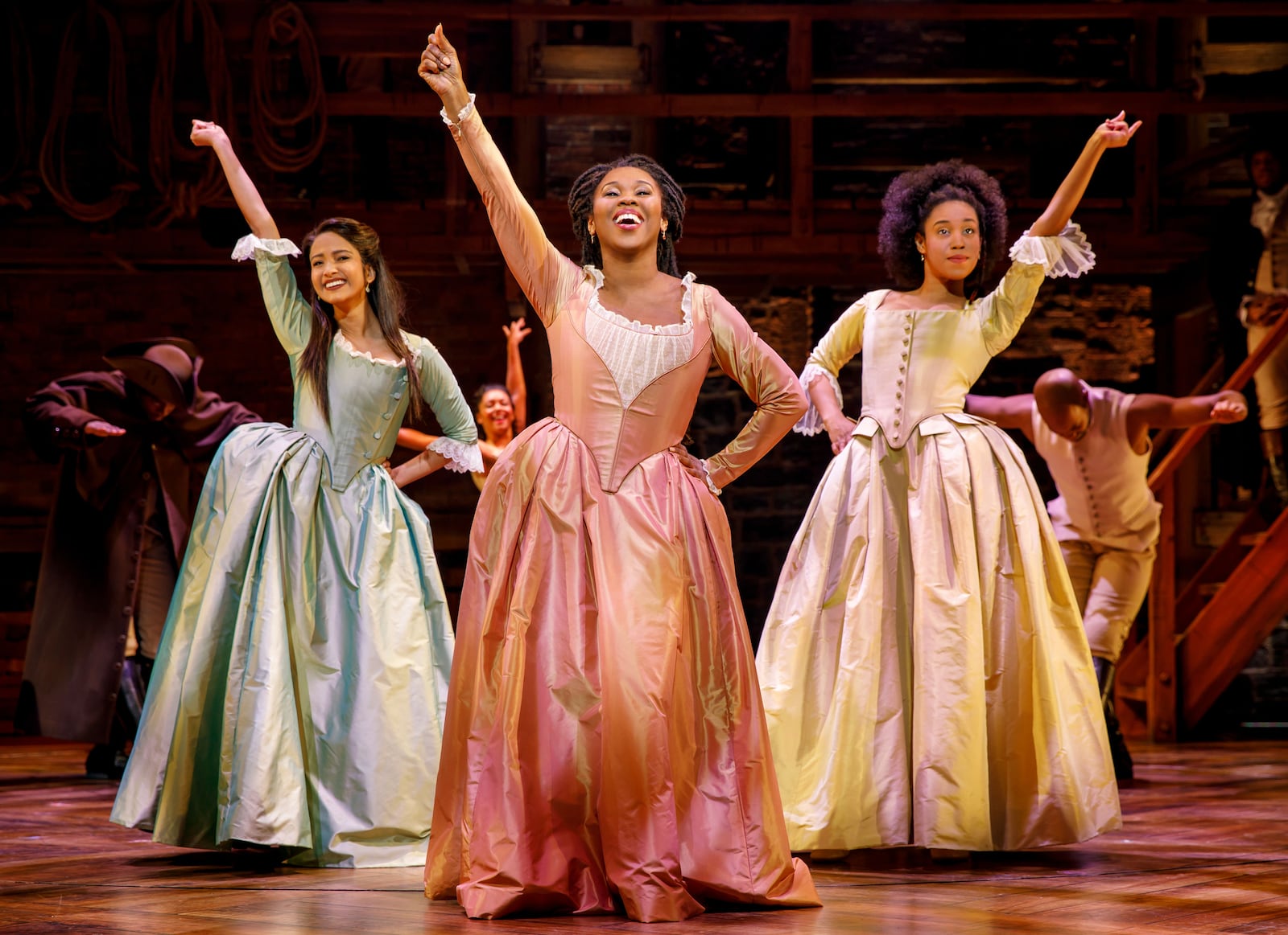 (left to right) Shoba Narayan, Ta'Rea Campbell and Nyla Sostre in "Hamilton."