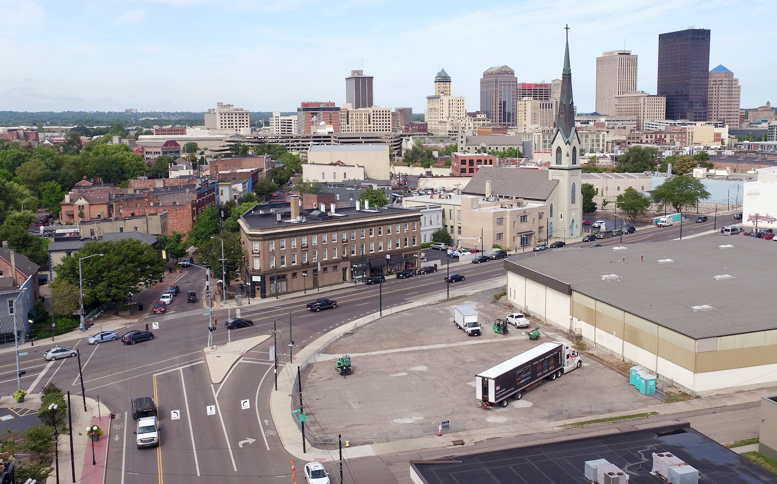 Preparations for the Gem City Shine event in the Oregon District began on Friday as stage equipment and large generators were delivered to the corner of East Fifth Street and Wayne Avenue for the Sunday event.  TY GREENLEES / STAFF