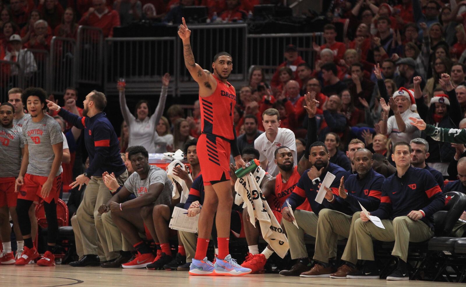 Dayton’s Obi Toppin reacts to a play during a game against Colorado on Saturday, Dec. 21, 2019, at the United Center in Chicago. David Jablonski/Staff