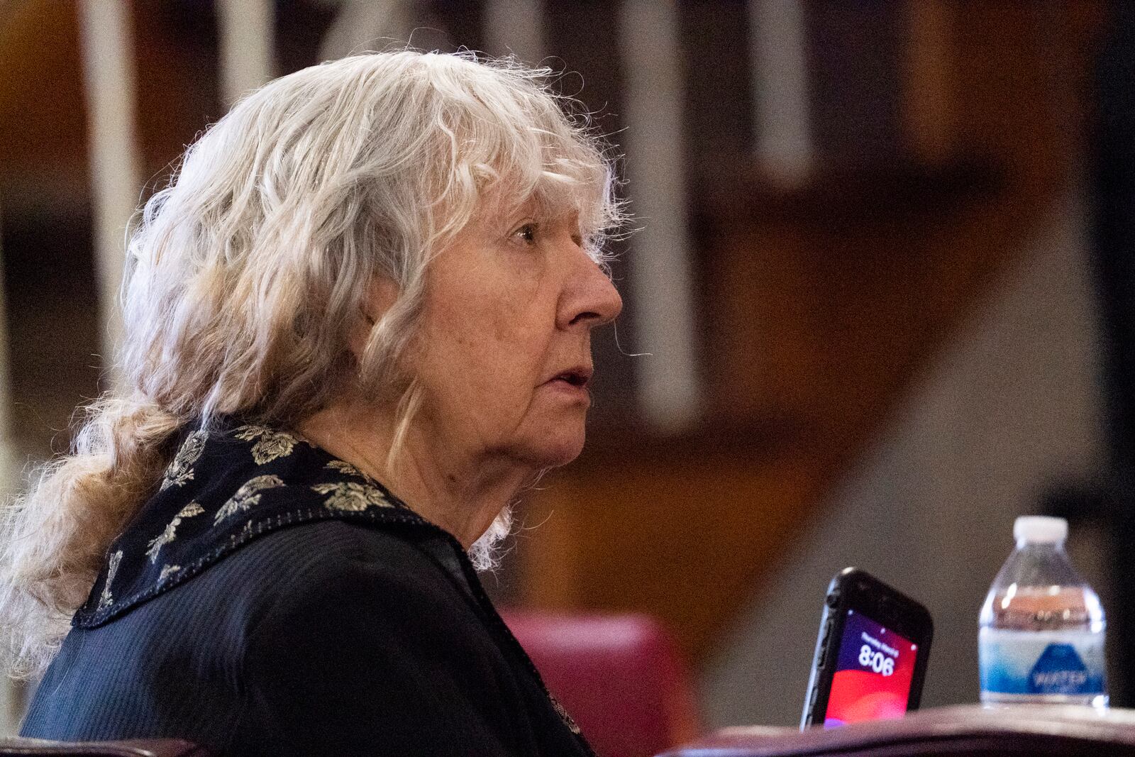 Marshella Chidester sits for her trial for the killing of two children at the Swan Boat Club last year in the Monroe County Courthouse courtroom Thursday, March 6, 2025, in Monroe, Mich. (Mandi Wright/Detroit Free Press via AP)