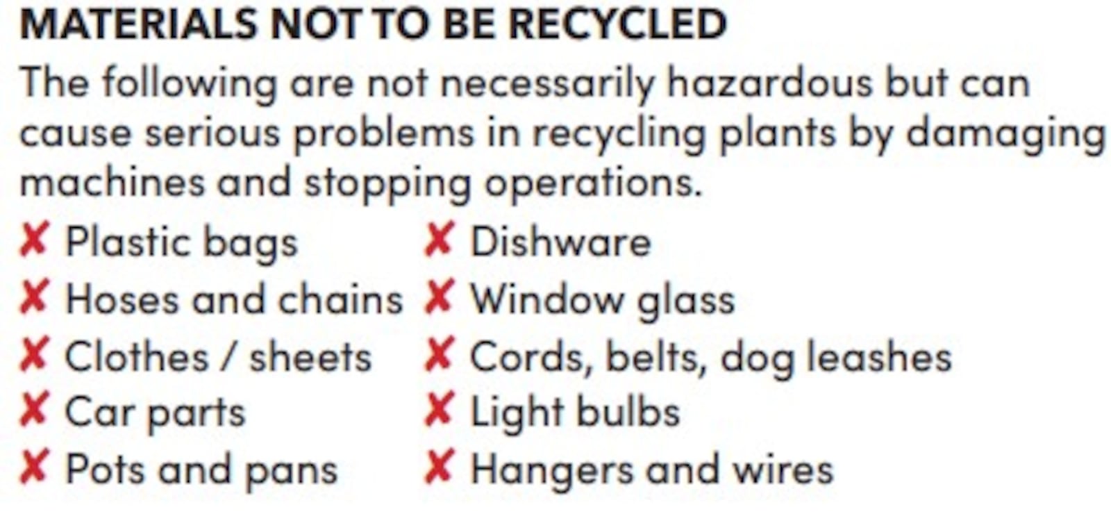 A list of some of the items that cannot be recycled. CONTRIBUTED